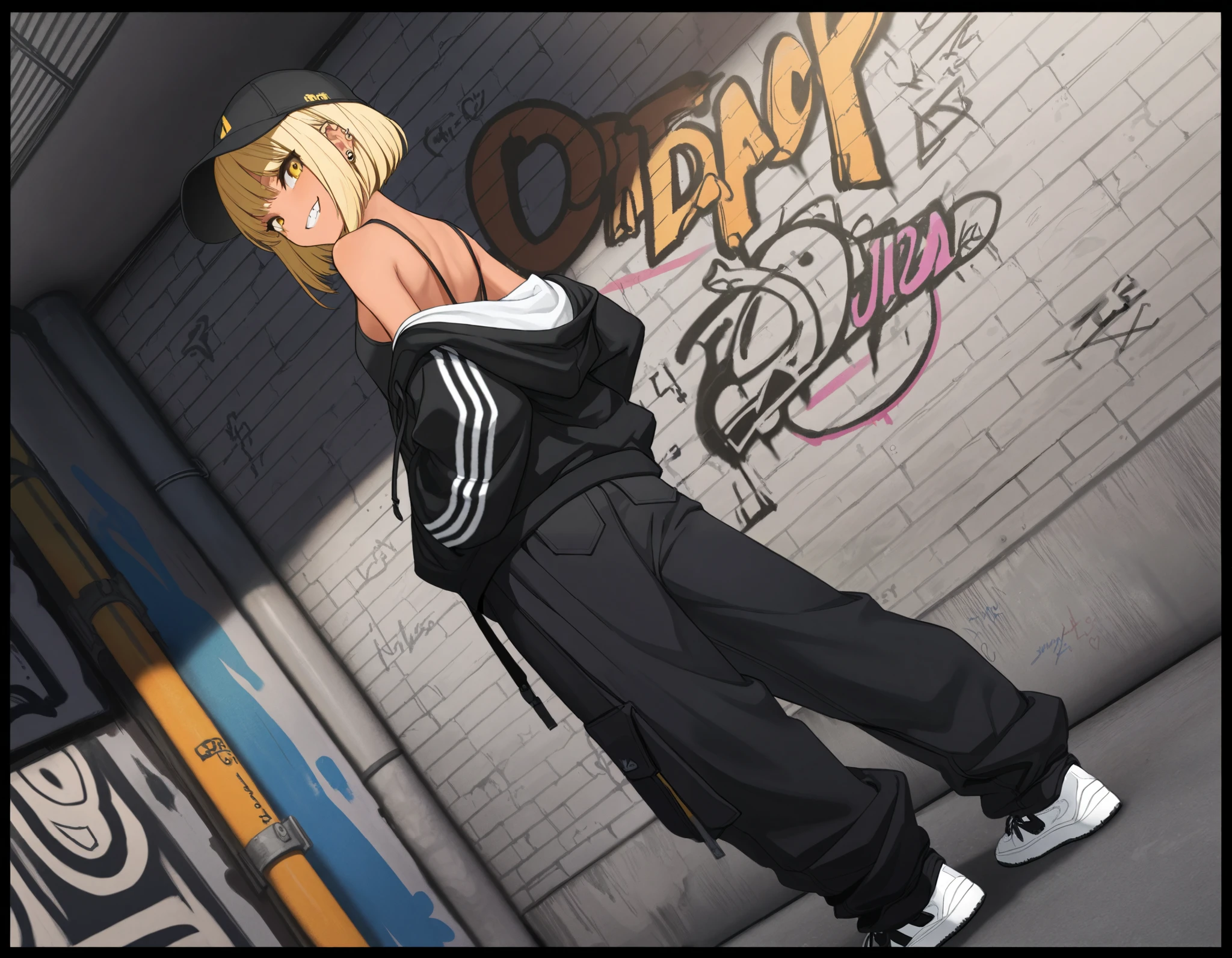 (best quality, highest quality:1.2), masterpiece, top quality, ultra high definition, rich contrasts, HD,8k, High Definition CG Unit Wallpaper, texture , Unbelievably Absurd, ultra high definition, RAW photos ,Deep border 1 .2, very detailed, back alley, graffiti wall, ceiling, standing, ((dutch angle)),
bimbo, cute, streetwear, ((oversized Lower pants, street style, sneakers)), There are many piercings, street cap, put on a off shoulder black open hoodie,
glamorous, grin, fang, yellow eyes, blonde bob hair, tan,