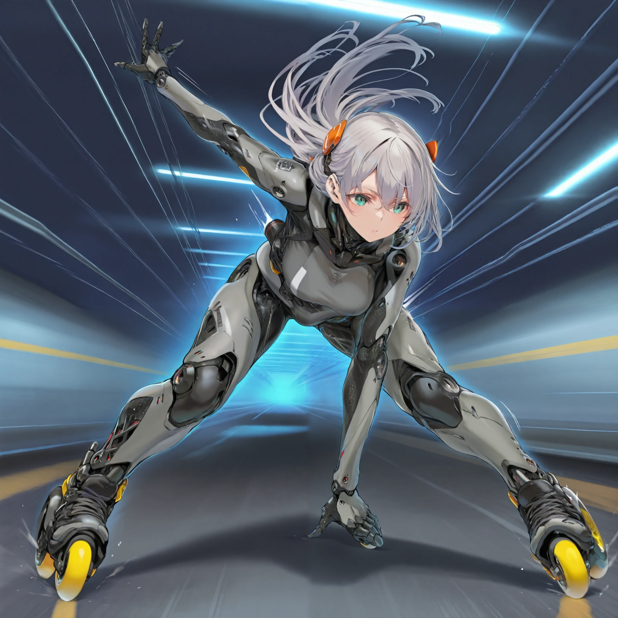 score_9, score_8_up, score_7_up, afukuro, (1girl, solo), grey long hair, (cyborg, prosthesis, prosthetic leg, joints, carbon fiber), (inline skates, roller skates), (dynamic pose, speed skating), (motion lines, speed lines), (post apocalypse, in the highway)