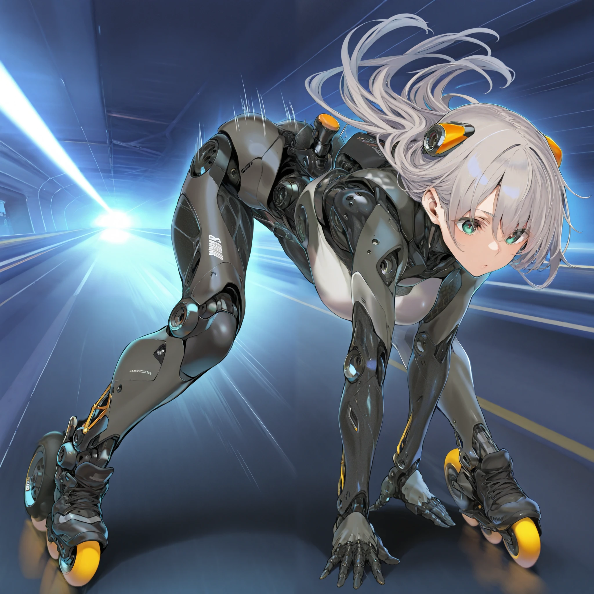 score_9, score_8_up, score_7_up, afukuro, (1girl, solo), grey long hair, (cyborg body, prosthesis, prosthetic leg, joints, carbon fiber), (inline skates, roller skates), (leaning forward, dynamic pose, speed skating), (motion lines, speed lines), (post apocalypse, in the highway)
