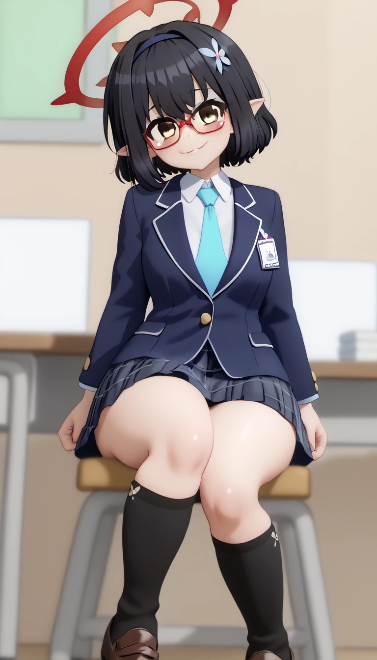 highest quality、masterpiece、1 girl、(Ahoge)、(blush:1.5)、(smile:1.5)、((fun!!))、cute、()、、high school girl、((classroom:1.5))、()、、Kamimei、look at me、(No panties:1.3)、((shaved pussy:1.5)), ((red bow tie, , black jacket, open jacket, white cardigan, white shirt, black skirt, plaid skirt、black socks))、 (No panties:1.3)、((shaved pussy:1.5))、(highly detailed closed labia:1.5)、((pee is coming out:1.8))、peeing、