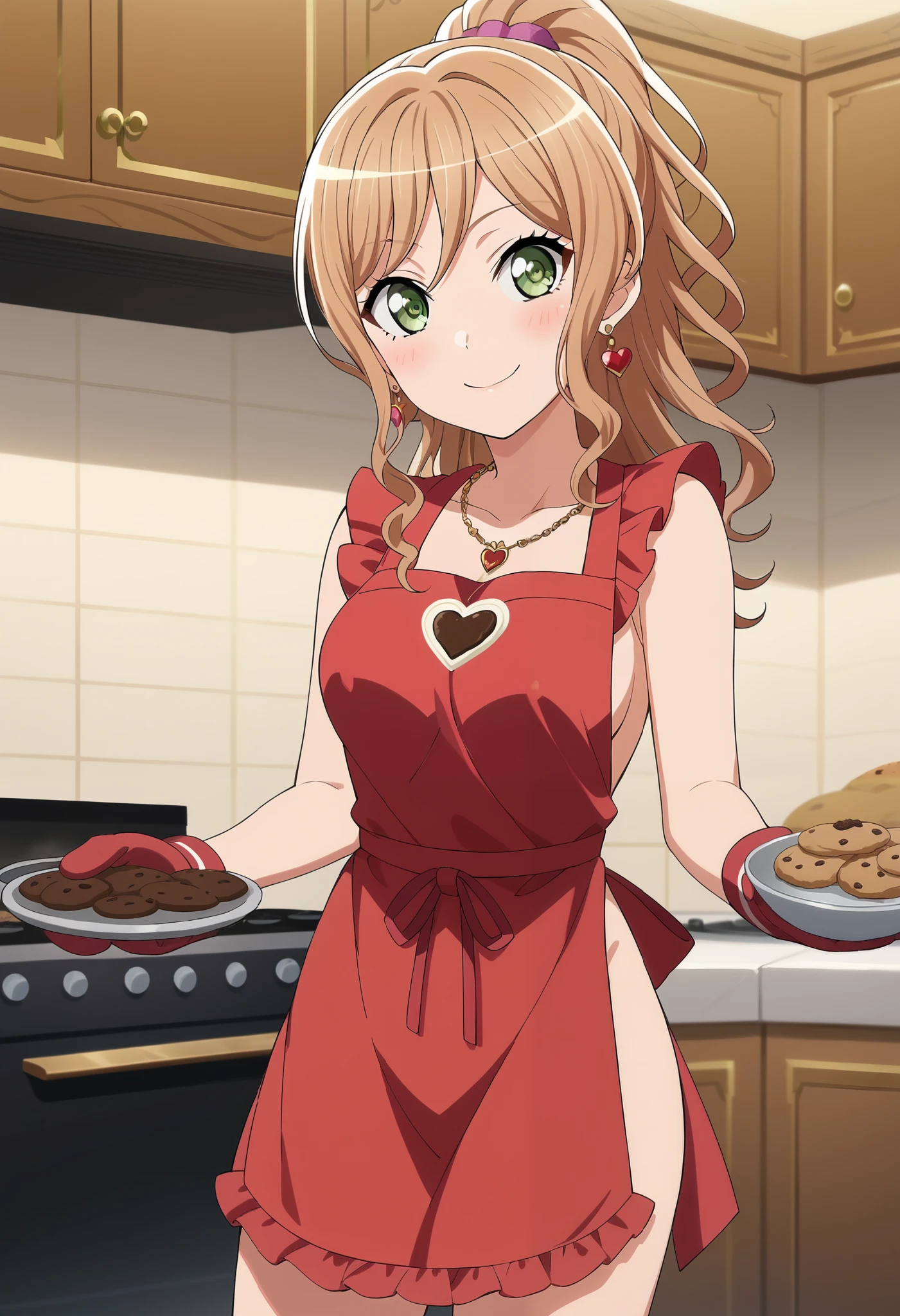 score_9, score_8_up, score_7_up, source_anime, official art,score_9 bang dream! official art, 1girl, solo, anime coloring, screencap, anime screenshot, imai lisa,,long hair, ponytail, dark green eyes, earrings, medium breasts, anime screencap, yaranaika, baking cookies, looking at viewer, blush, smile, gloves, holding, frills, food, indoors, red naked apron, chocolate, cookie, oven mitts, Erect nipples,
