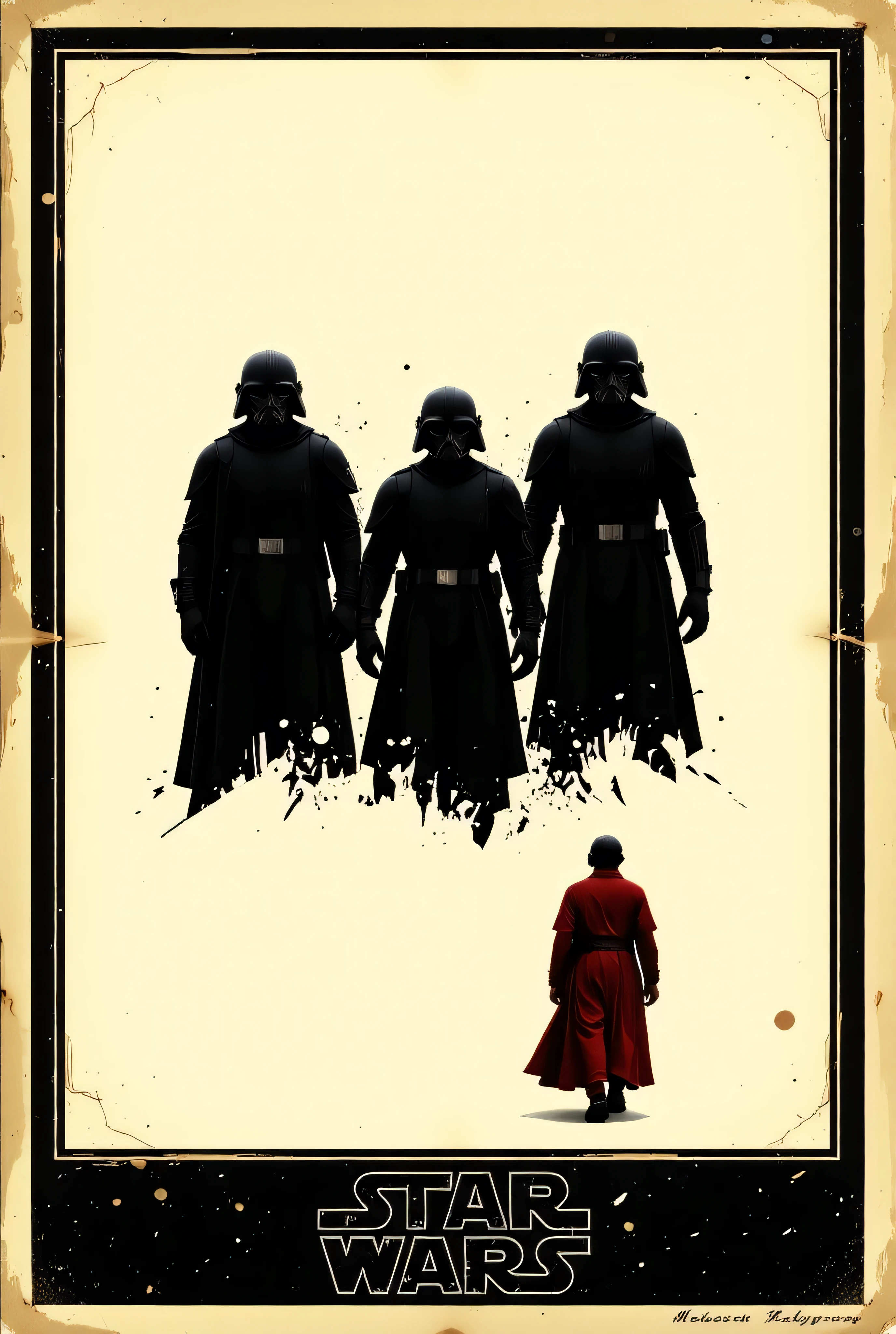 A poster showing three admirals on a white background with their hands behind their backs, dressed in simple black costumes like from Star Wars, all facing the viewer, their faces are not visible, only black and white outlines. The fourth person is walking from the side in the opposite direction, he has red simple clothes, like in Star Wars, no face is visible, only black and white outlines.