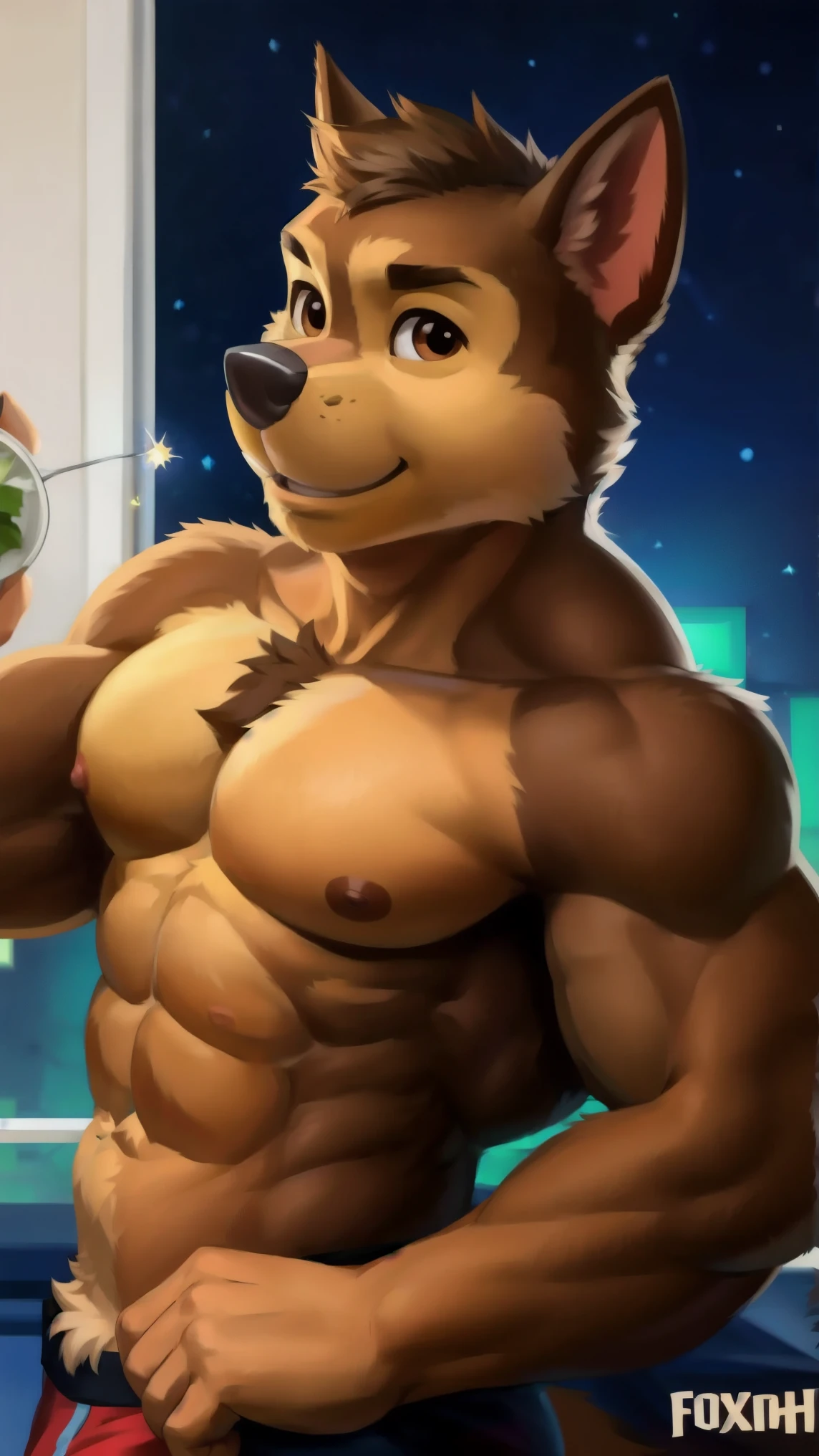 detailed fluffy fur texture, impasto-impressionism , (authors foxovh, Ross Tran, Mikhail Garmash , Pinot Daeni, A SPARK), detailed eyes , highly detailed pupils , Single, fluffy, antro, Chase-PP , domestic dog, pectoralis major muscle, male dog, brown eye , brown fur , light brown body, muscular body, fully naked boasting , muscular, очень muscular, underwear erection ,