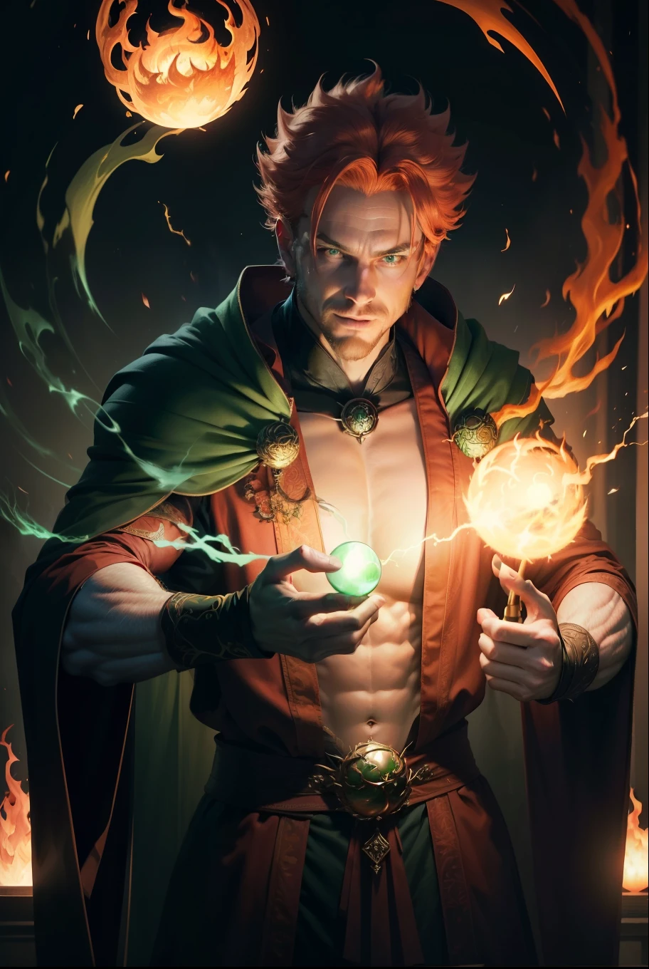 masculine, masterpiece, Hyperrealistic image of a sexy 30-year-old albino man., redhead, piercing blue eyes, long elf ears, wearing elegant black sorcerer robes, menintong, Stupid, seductive pose, magical glowing arcane sigils, (((juggling big green glowing fireballs between his hands))), looking directly at camera, Cheek Smile, Very detailed, intricate details, sharp focus, dynamic lighting, dynamic shadows, without watermark