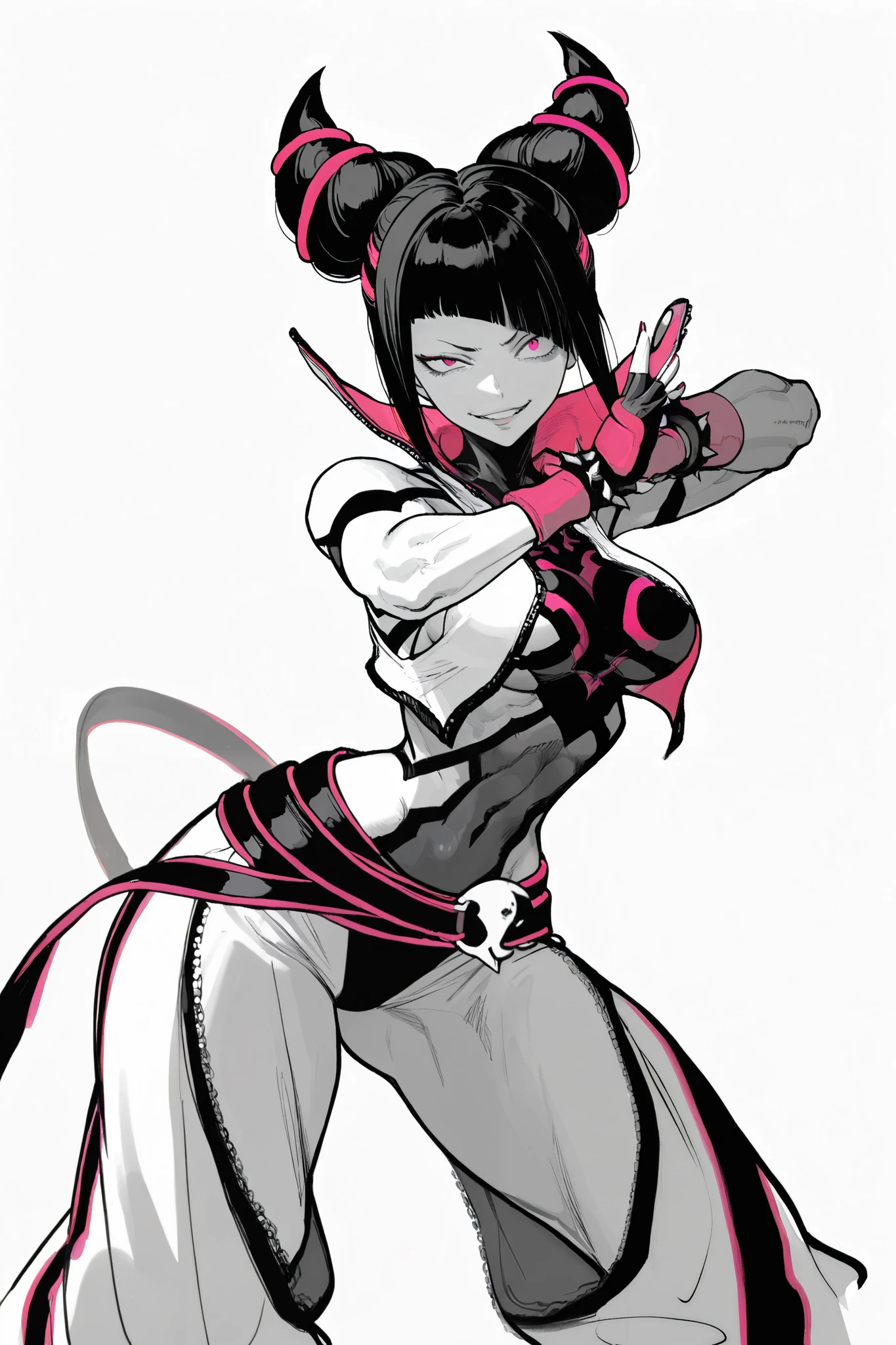 score_9, score_8_up, score_7_up, score_6_up, score_5_up, score_4_up, digital art,
BREAK
(masterpiece: 1.0), best quality, perfect anatomy, perfect composition, perfection, 4k resolution, absurdres, very aesthetic, professional artwork, absolutely beautiful,
BREAK
NishimuraXL,, simple background, (sketch:1.1), narrow waist, wide hips, thick thighs,
1girl, very cute face, han juri, evil smile, fighting stance,
white background, looking at viewer, dynamic pose, cowboy shot, hair ornament,