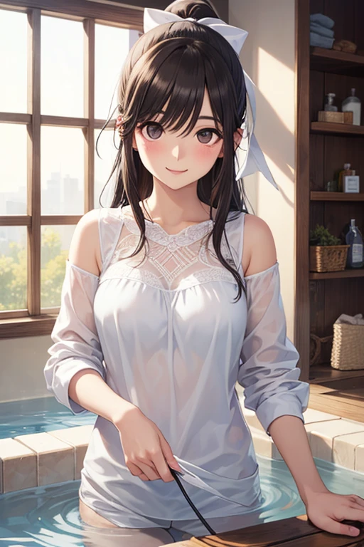 (masterpiece:2.0), (highest quality:2.0), (Extra short white tube top towel:1.5), (perfectly exposed shoulders:1.5), (perfectly exposed nape:1.5), (super sexy pose:1.5), (blushing face:1.3), (barefoot:1.3), (spilling breasts:1.5), (realistic:1.5), 1 , precise small needle, embarrassed look, light smile, Very cute girl, innocent face, young face, clear eyes, shining eyes, I can see your shoulders, small breasts, I can see my thighs, no pubic hair, beautiful skin, Super fine, highest resolution, Japanese high school student, brown hair