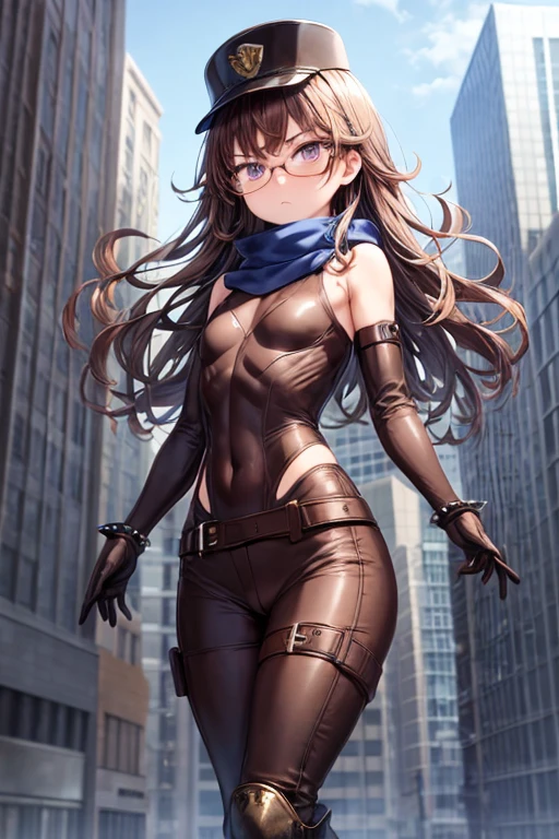 masterpiece, best quality, 1girl, superhero, leotard, bare legs, knee boots, matching boots, heroic, city backdrop, standing, body infused with energy, light particles, solo, single, cowboy shot, perfect anatomy, hand on hip, brown hair, beautiful detailed eyes, belt