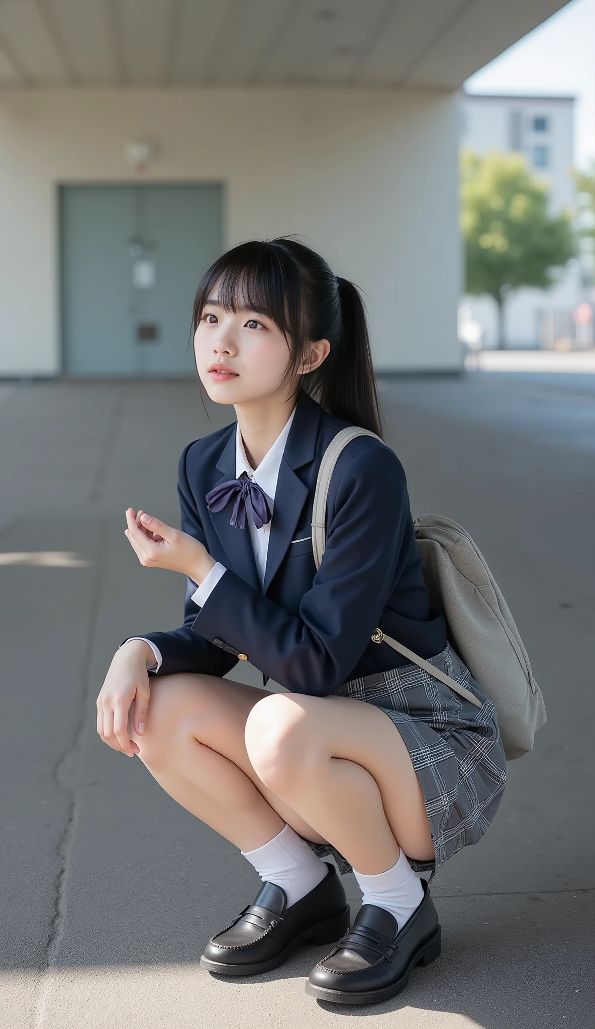portrait photography,masterpiece, nsfw,8k,16k
(tidy Japanese Girl, 157 Height cm,pale skin),((shot from below,low angle)), big breasts, (sensual glamorous lower body:1.3), professional lighting,
( 1 girl,Japanese standard petite immature fleshy body , head-body-ratio 1:6), tilting head,Narrow shoulder width, Wide pelvis, big butt, thick short legs, (fat thick ankels, rich fat short calves,short thighs:1.3), sucking thumb,
black hair,Shiny straight short ponytail hair With bangs,
(, Round face, Droopy eyes,hazel color eyes, natural makeup ),revealing white pantie between skirt and legs,
Wearing navy japanese school short tight uniform jacket suit with medium-length grey checked skirt,white collared shirt,gap between jacket and shirt,navy color short socks, loafers, backpack on shoulder,
squatting with random sensual posing in overpass stairway,Focusing on calves,
85mm, Official AR RAW photos ,(Realistic,Ultra Details), best quality,Chromatic aberration,
Anatomically correct, textured skin,top of head
