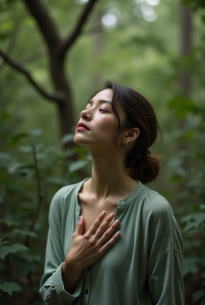 Raw, best quality, masterpiece, Ultra-realistic, ultra-detailed, korean mommy, 45-Years-Old, plump body, big breasts, exhausted face, wearing tight satin t-shirt, laying head on trees root, taking a nap, foggy weather, big trees background, 8k resolution