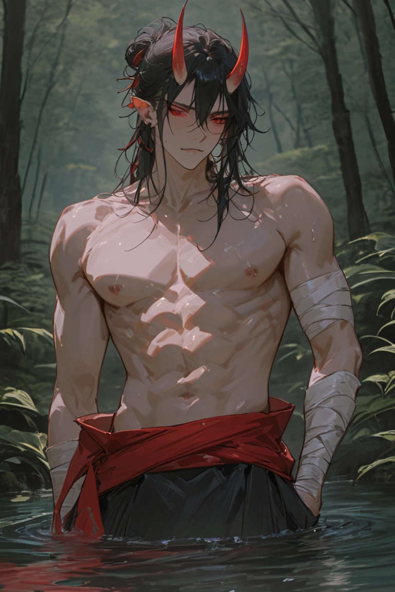masterpiece, best quality red eyes, game cg, 1boy adult man, adult face, solo, male body, tattoos on body, looking at sky, head facing up, muscular fit V shaped body, sky is gray with golden rays coming through, standing in a rainforest with a somber expression. The man is muscular with firm body, anime style, floating drops , reflective skin wet sweaty, shirtless and sexy. Fireflies in the background, leaves falling, wind blowing his black hair. Peacock inspired tattoo, buff body, beach shorts