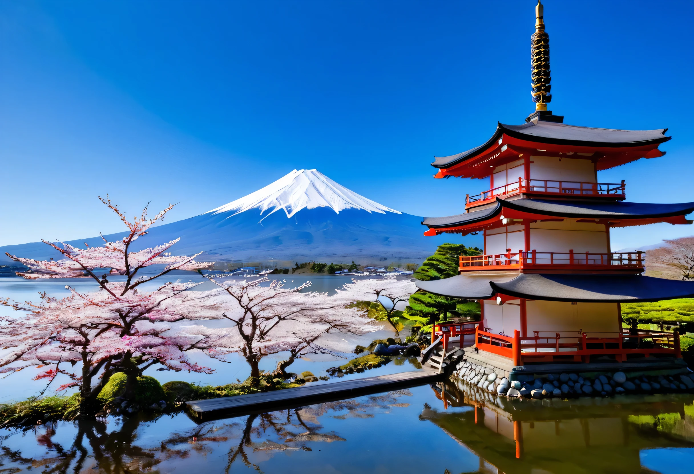 Pagoda views with mountains in the background, Japan's Deeper Travel Exploration, Japan Tourism, Japan Travel & Tourism , Japan Travel and Adventures , Japanese cities , The beauty of traveling in Japan , Japanese Scenery, mount Fuji on the background , Japanese temples , View of a pond reflecting Japan's nature , m , Japanese Tradition ,