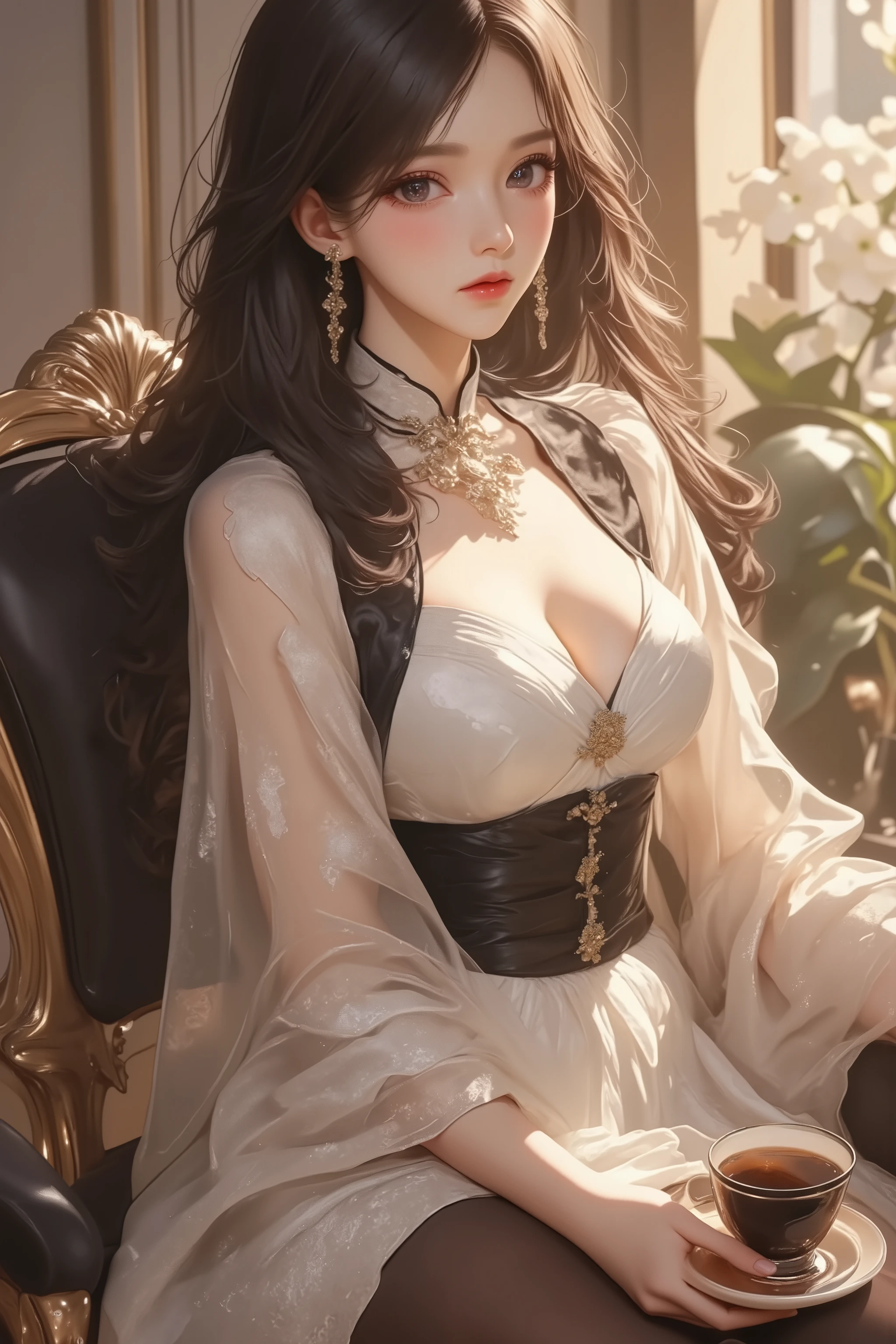 masterpiece, 8k, best quality, extremely detailed, apartment, realistic, mature, black tea, very long hair, black eyes, black hair, happy, chinese clothes, high heels, black pantyhose