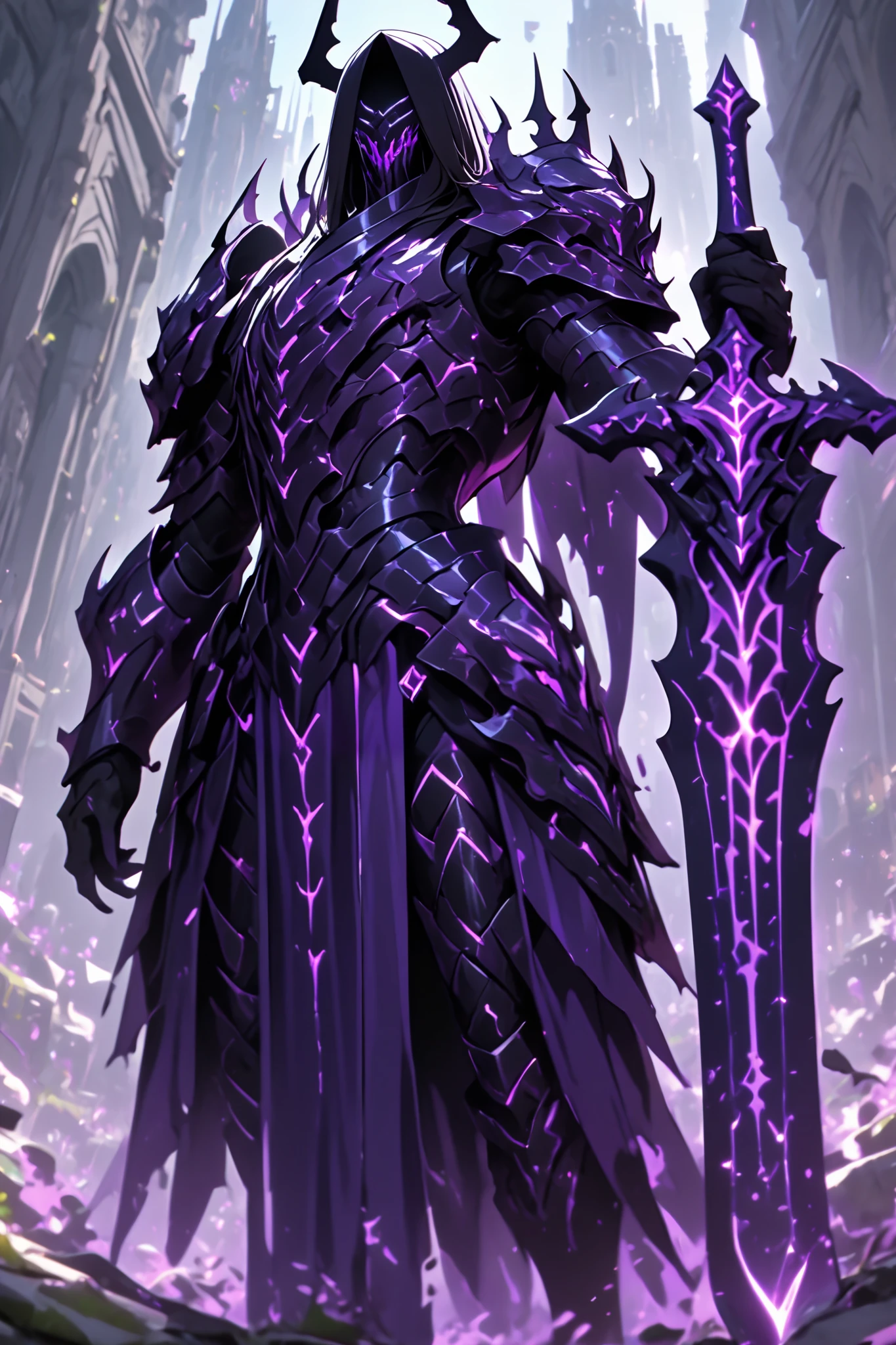 1 male, black skin, purple eyes, corrupted armor, corrupted overlord, purple great runicsword, best quality.