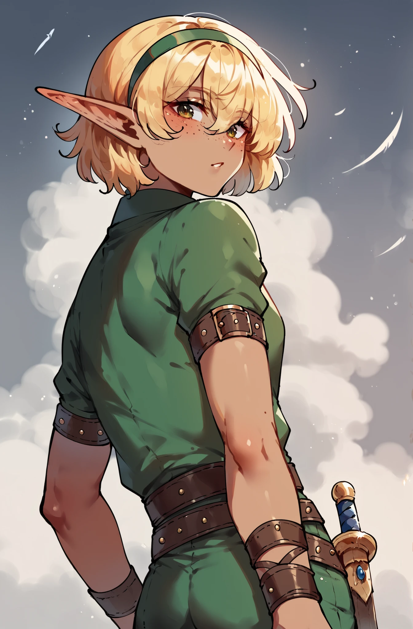score_9,score_8_ upwards,score_7_ upwards,score_6_ upwards,score_5_ upwards,score_4_ upwards 1girl,One,  Blonde girl with short shaggy light golden hair, Bob haircut, bangs,  hair between the eyes,  amber-colored eyes,  short small pointed ears ,  tanned skin,  medieval loose green shirt, light armor ,  small inconspicuous bust ,  skinny and slim, green pants, leather belt, leather wristbands , holds a glowing blue sword in his hand, background: grey clouds, размытая background,elf,freckles,headband  