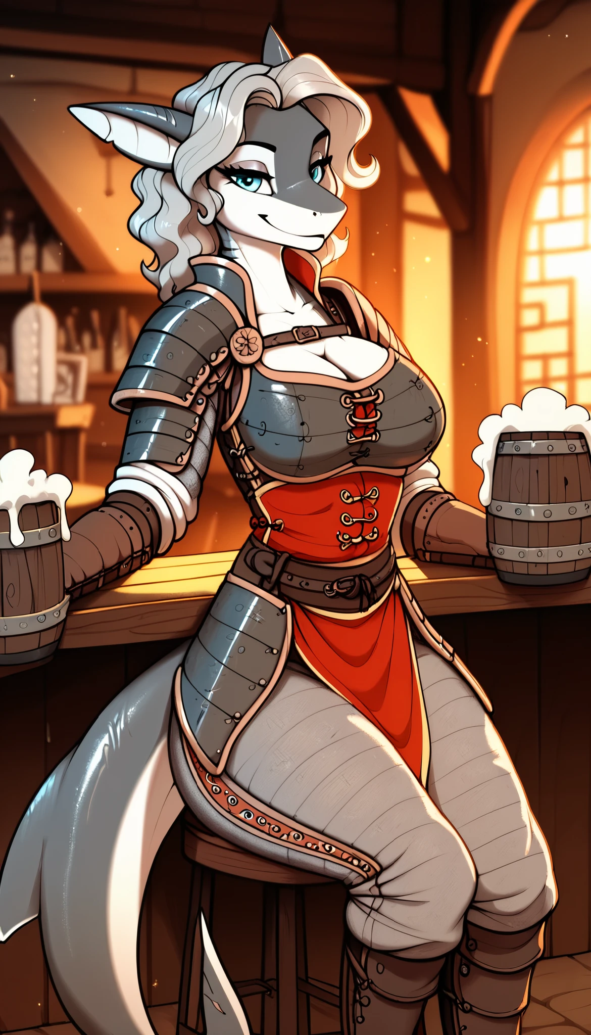 ((dark gray body)), masterpiece, best quality, smirk smile expression, 1girl, anthro, shark girl, shark ears, animal nose, light eyes makeup, cyan eyes, smooth shark tail, blond hair, medium hair, wavy hair, medium-big breasts, thick thighs, hips, solo, (tavern), (sitting), detailed, ancient chinese, ((chinese medieval armor)), ((medieval gray pants with kneepads)), (fluff-kevlar), light particles, deep neckline, score_9, score_8_up, score_7_up, score_6_up, score_5_up, score_4_up, (safe content), ((dark gray body)), gray shark
