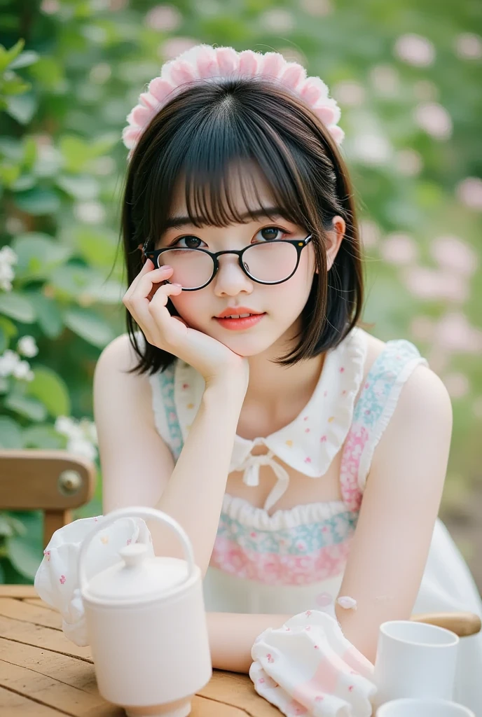 (masterpiece、best qualtiy、one girls、a junior high school student、A dark-haired、short-hair、straight haired、Light brown eyes、hair adornments、wearing black glasses、cute face)、There are many summer flowers around、Short sleeved shirt with lace