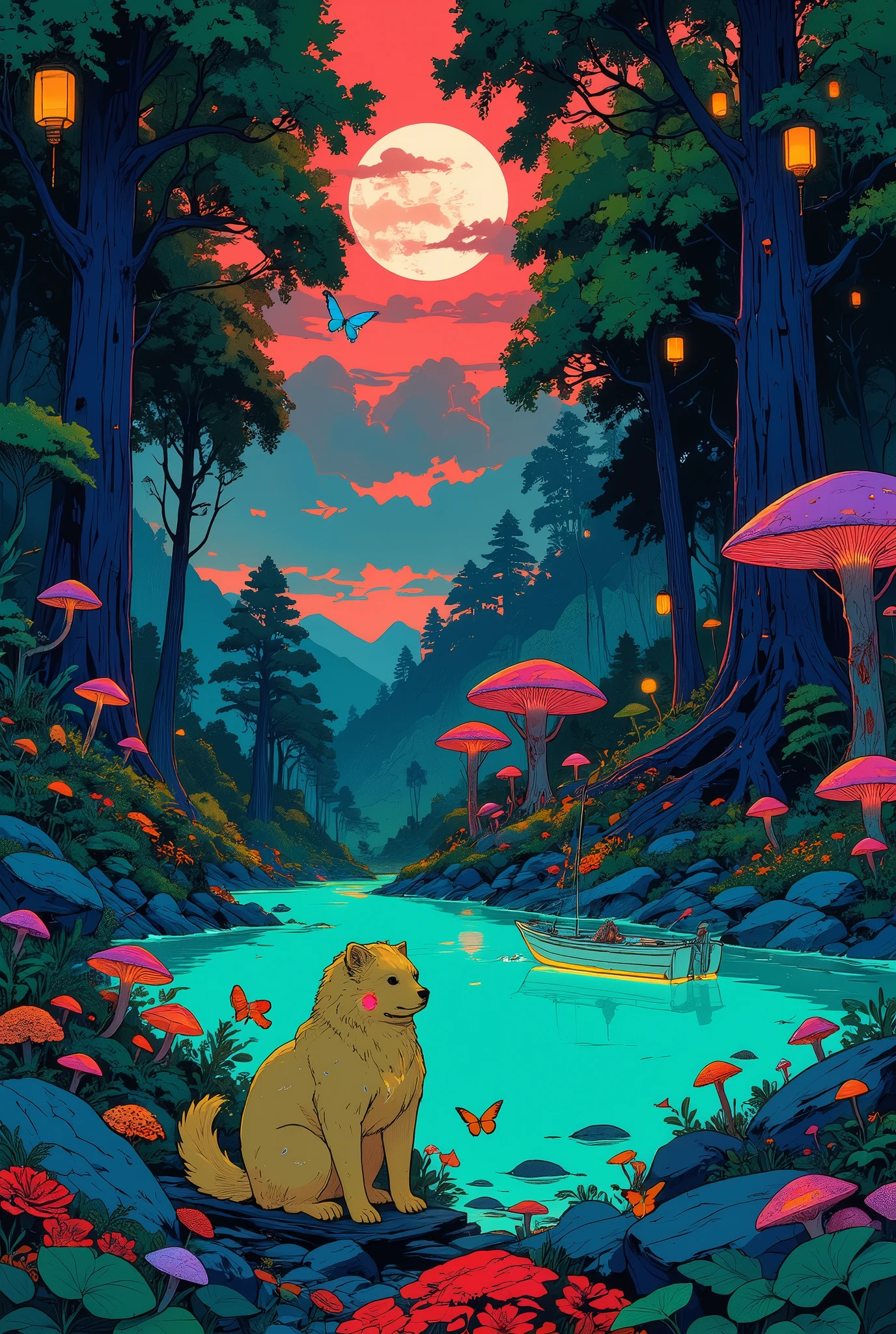 An incredibly beautiful large fluffy lemon-colored animal with neon stripes sits on the shore of a beautiful turquoise lake. A glowing white boat floating on the lake. A fantastic crimson sunset in a fabulous forest. Bizarre incredible fantastic trees, lots of colorful plants, insects and fungi. Neon butterflies. Colorful lanterns on trees. Three redwoods with purple bark. A completely asymmetrical landscape. Hard work. The amazing art of Ukiyo-e, Indian miniature. Fantasy in a mixed animation style. The perfect opening statement, the contrast between the surface and the shadows sparkling in the moonlight, turned the movie into a bird's-eye view. The use of powerful psychedelic filters, very intense work done on a dark emerald background.