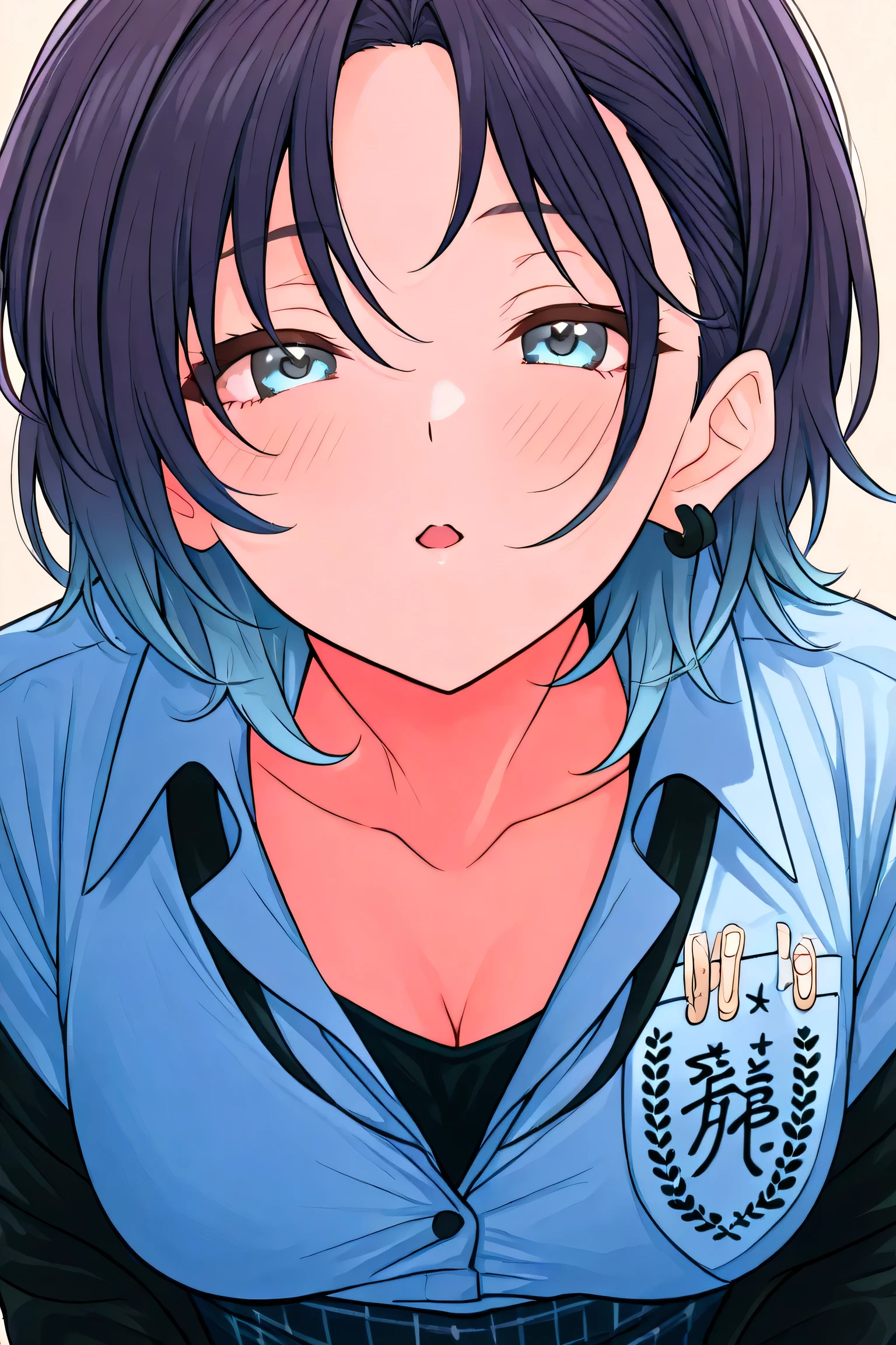 asakura_toru, blue hair, earrings, gradient hair, multicolored hair, parted bangs, purple hair, medium breasts,incoming kiss,face on focus,from front,red cheek