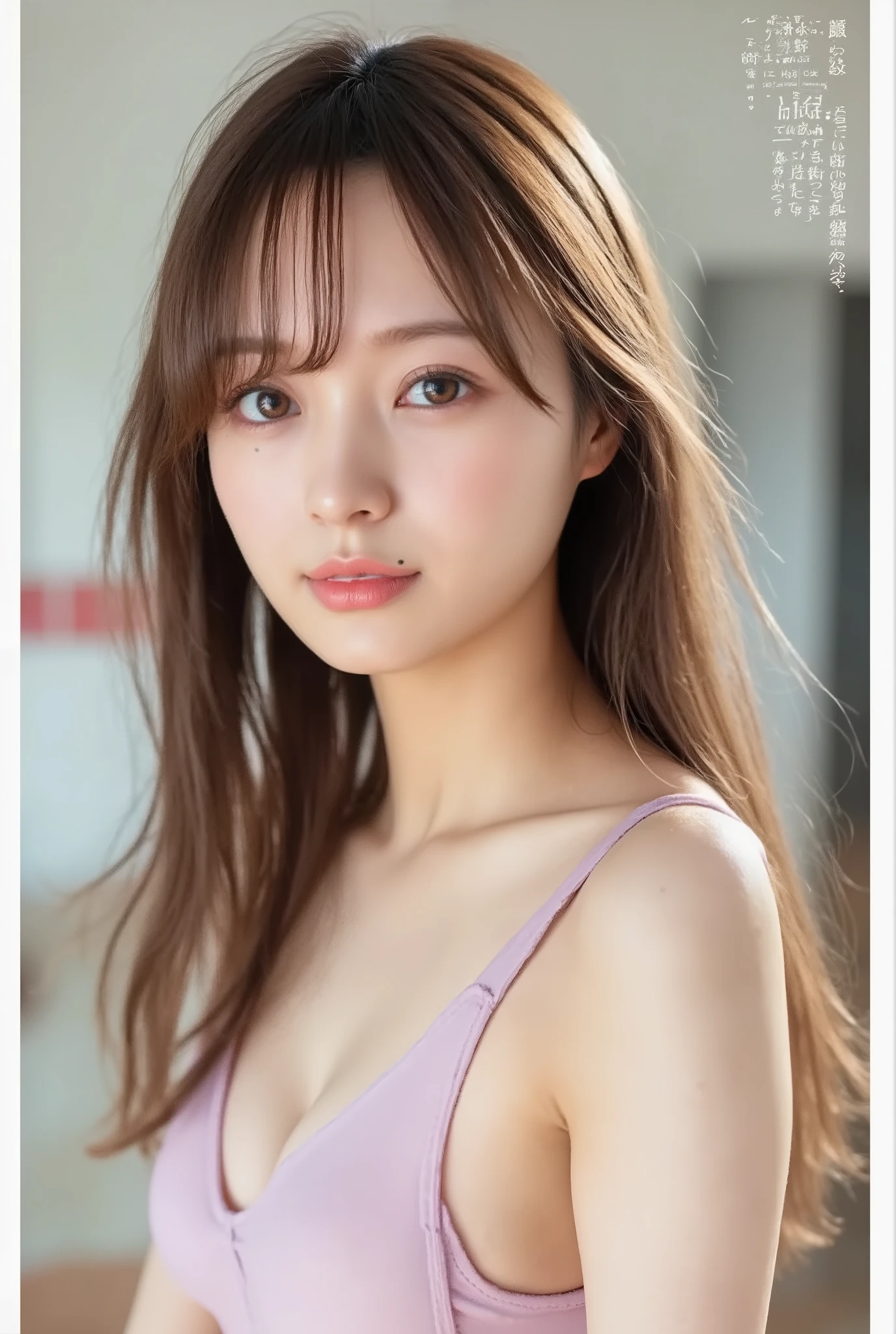 (software:1.8、masterpiece, Highest quality),1 Girl, alone, have, Realistic, Realistic, Looking at the audience, Light brown eyes, Highly detailed shiny long hair,Beautiful symmetrical face、Spring Clothes:1.6, Whity, lips, bangs, Highly detailed beautiful face、Very detailed beautiful eyes、, Mouth closed, Upper Body、Big eyes、eyelash、((Very simple blue background:1.8))、(((bangsのあるロングヘア、Short shiny hair、Big eyes、big and full chest、Looking at the audience、Innocent beauty、Show me your ears、Beautiful long neck、smile、please close your mouth and smile)))、Ideal body type、{Huge|big|Hugeな|Mega} chest:2, chestの谷間:2、幸せなsmile、Beautiful Teeth、