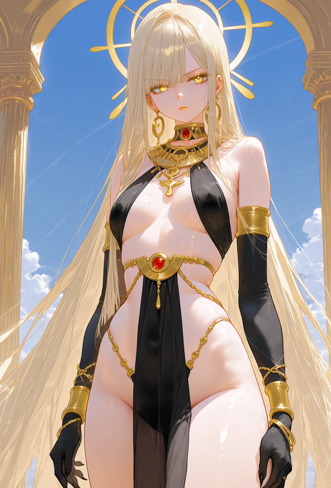 tmasterpiece,The beautiful goddess of the void coiled her hair,fully body pose,sideface,facing away from the audience,Gorgeous clothes with gold patterns,Full body white transparent bikini,Clear silk,Full-body standing,180cm tall,Slender legs,detail in face,Detailed body part details,8k wallpaper