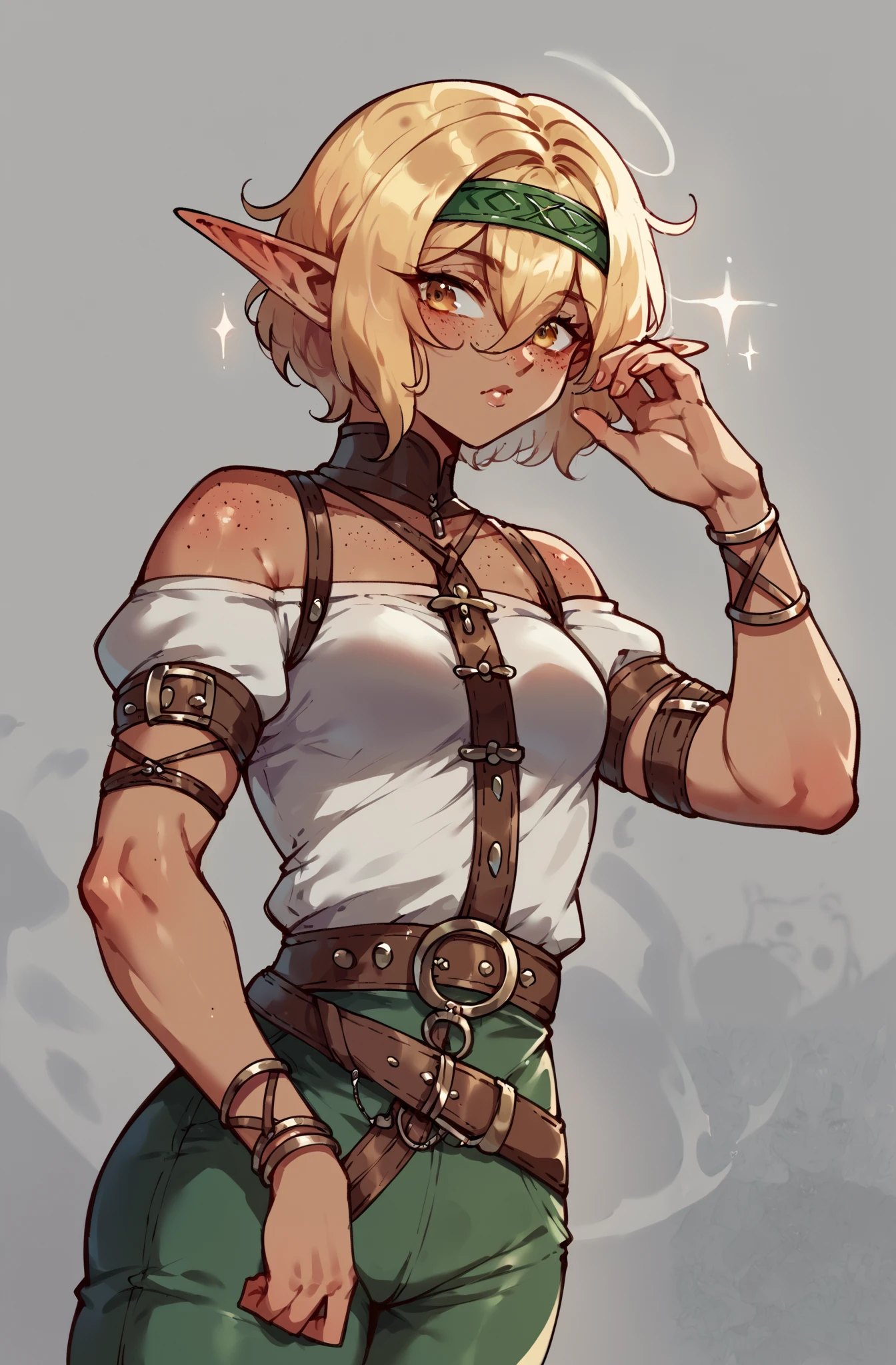 score_9,score_8_ upwards,score_7_ upwards,score_6_ upwards,score_5_ upwards,score_4_ upwards 1girl,One, A blonde girl with short, ruffled light golden hair, Bob haircut, chelka, hair between eyes, amber eyes, short little pointed ears , tanned skin, medieval loose green shirt , light armor , small inconspicuous breasts , skinny and slim , green pants, Leather belt, leather bracelets , holds a glowing blue sword in her hand , background: gray clouds, размытая background,elf,freckles, headband