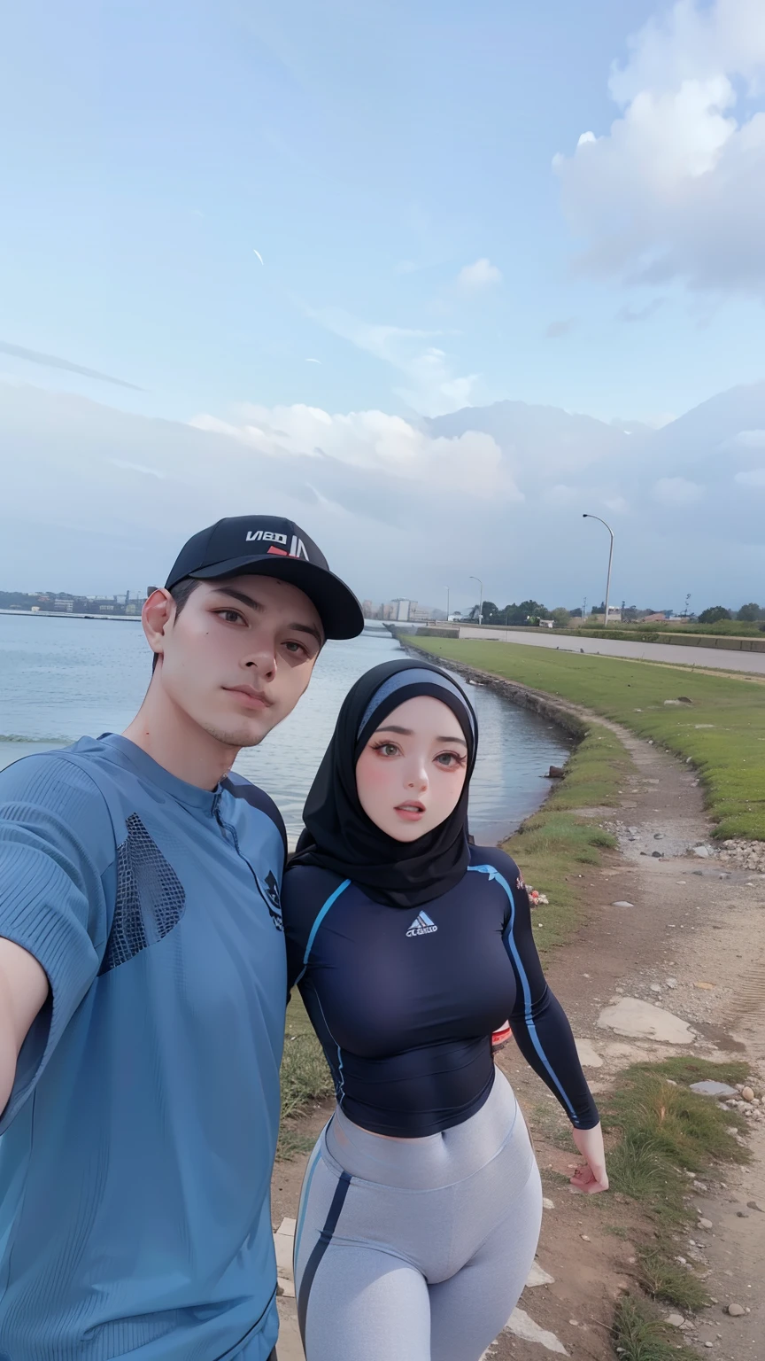perfect face, 4k, hijab, sportwear, blue legging