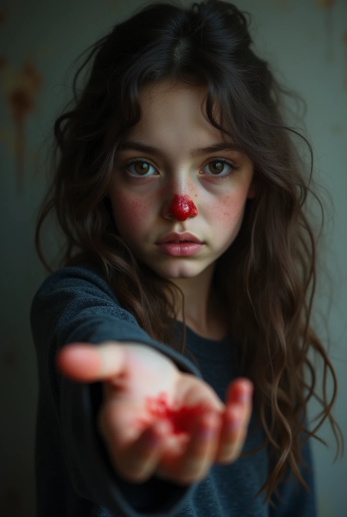 ((Best quality: 0.8)) ((perfect)) 1girl, child, long hair, dark brown, blue eyes,Of course yellow dress, blood stains, fair skin, face covered in blood, torn white socks, a white teddy bear, gray background, cute, blood face, blood.
