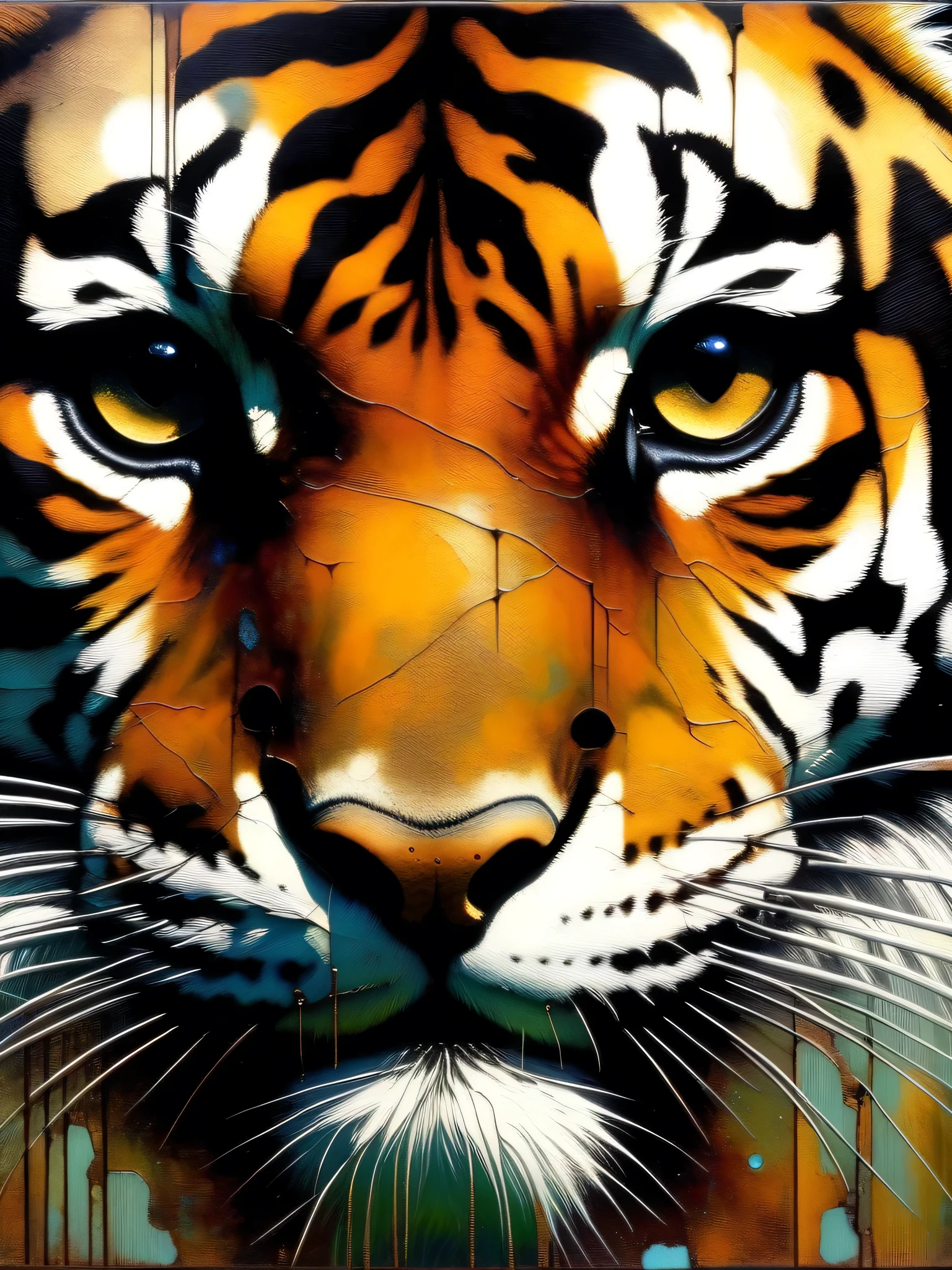 decorative metal sheet,rusty,Tiger in oil painting threatening us (art inspired by Dave Mckean, details intricate, oil painting)