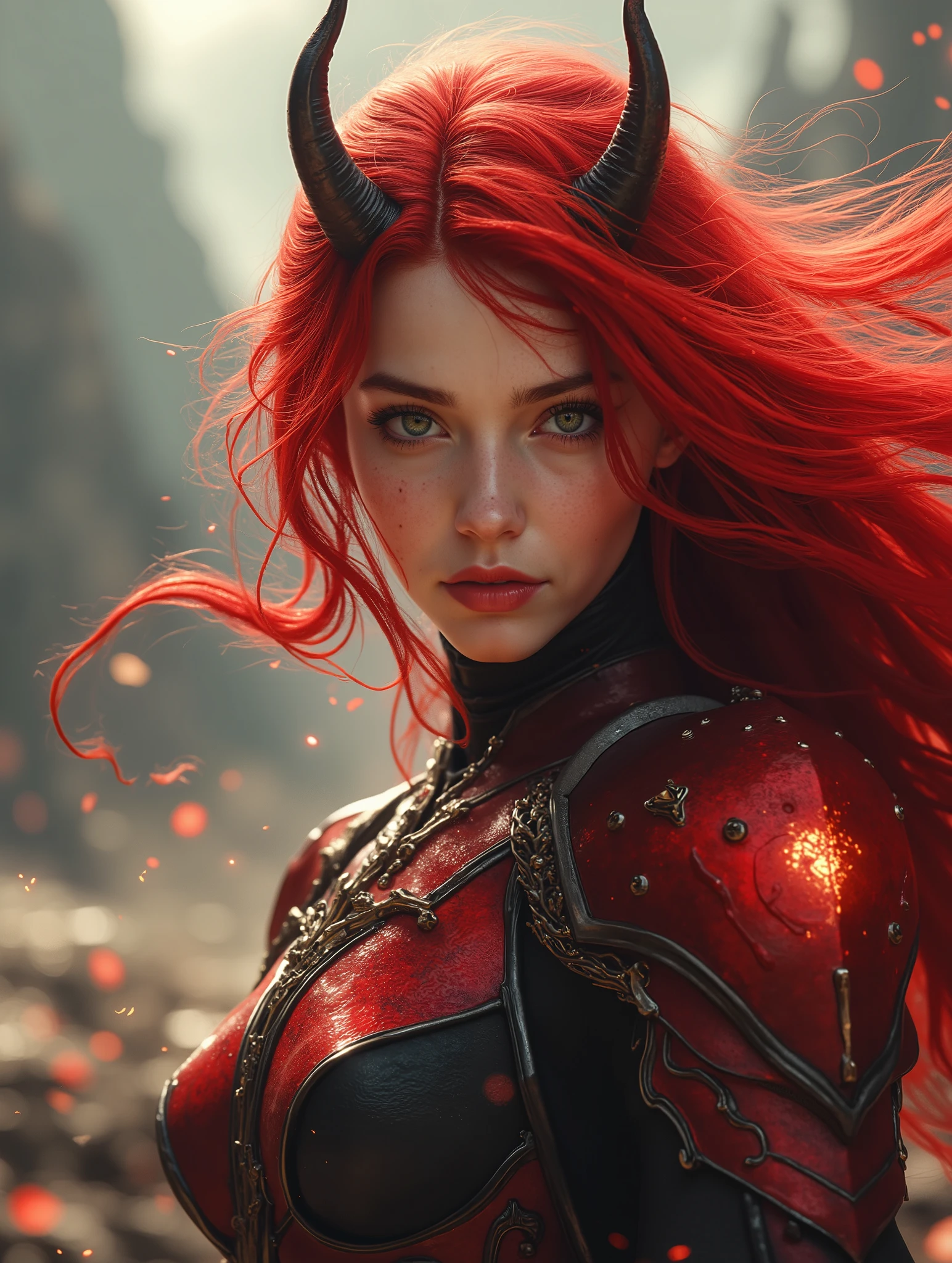1 girl, high resolution , masterpiece, multi-award winning , best quality , High details, super detailed , textured skin , UHD, black hair, Breasts, redhead, smile, Demon Horns, Sparkle effect, Action picture,Weearing a Red black armor, OctaneRender 8K, anime, Apocalyps