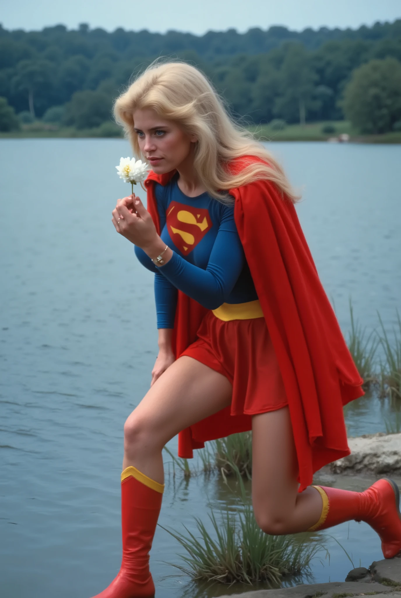 GRACEFULLY LEVITATING HIGH ABOVE A LAKE HOLDING A FLOWER UP TO HER NOSE AND SMELLING IT. HELEN SLATER. BLUE EYES BLONDE HAIR (SUPERGIRL) A VERY SEXY HELEN SLATER AS SUPERGIRL WITH BLUE EYES AND LONG HAIR, WEARING A SUPERGIRL COSTUME AND CAPE. RICH 4K COLORS, 8K DETAILS. BLUE EYES. ONE KNEE LIFTED, HUNCHED OVER, HER SUPERGIRL BOOTS POINTED DOWN TOUCHING THE WATER.