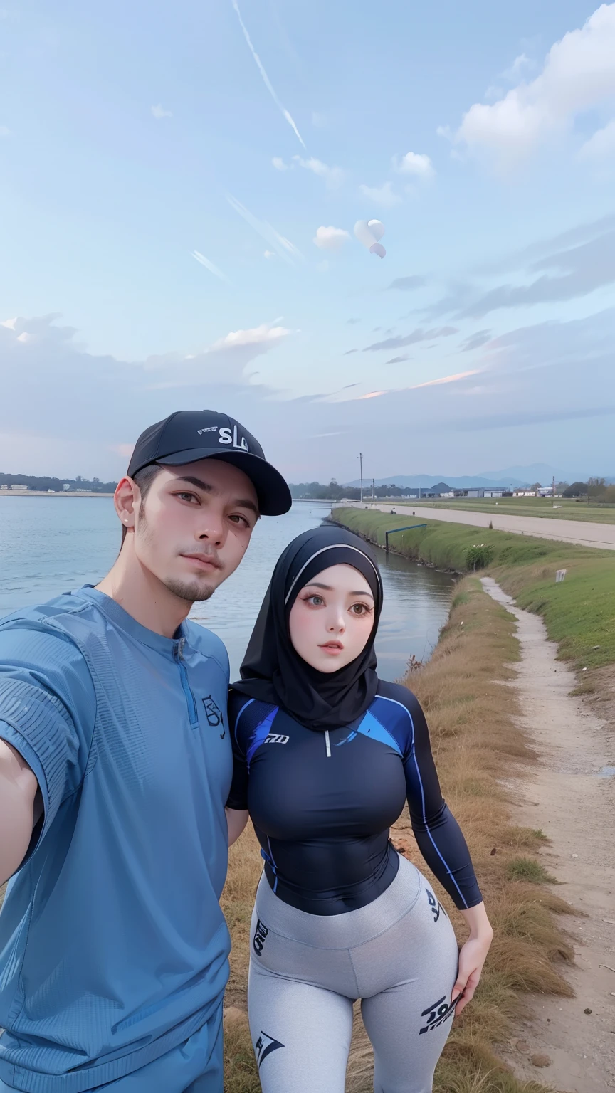 perfect face, 4k, hijab, sportwear, blue colour legging