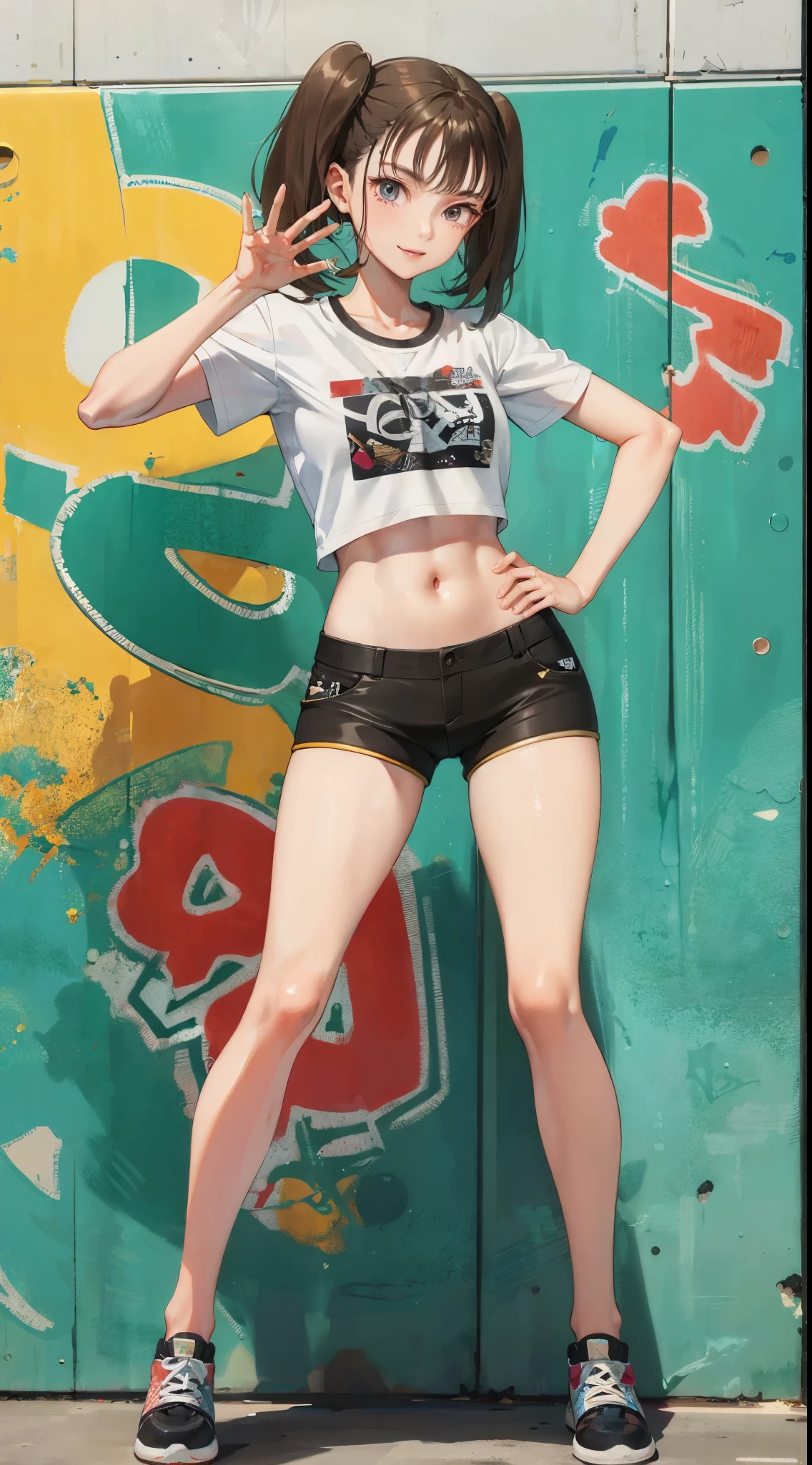 Fleshy thighs，Poster publicity style，Ingram,Pose，Ultra shorts，Simetall，Street graffiti，Happy expression