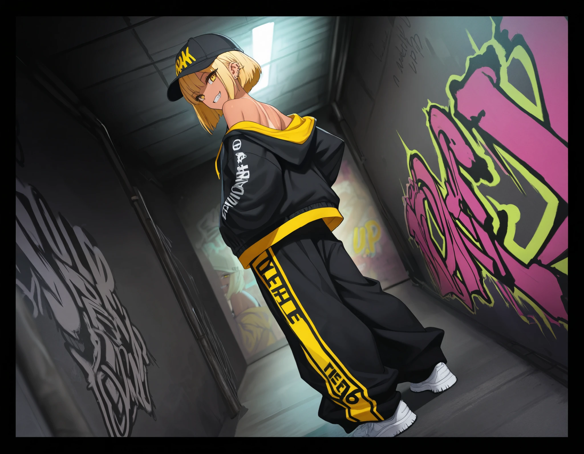 (best quality, highest quality:1.2), masterpiece, top quality, ultra high definition, rich contrasts, HD,8k, High Definition CG Unit Wallpaper, texture , Unbelievably Absurd, ultra high definition, RAW photos ,Deep border 1 .2, very detailed, back alley, graffiti wall, ceiling, standing, ((dutch angle)),
bimbo, cute, streetwear, ((oversized Lower pants, street style, sneakers)), There are many piercings, street cap, put on a off shoulder black open hoodie,
glamorous, grin, fang, yellow eyes, blonde bob hair, tan,