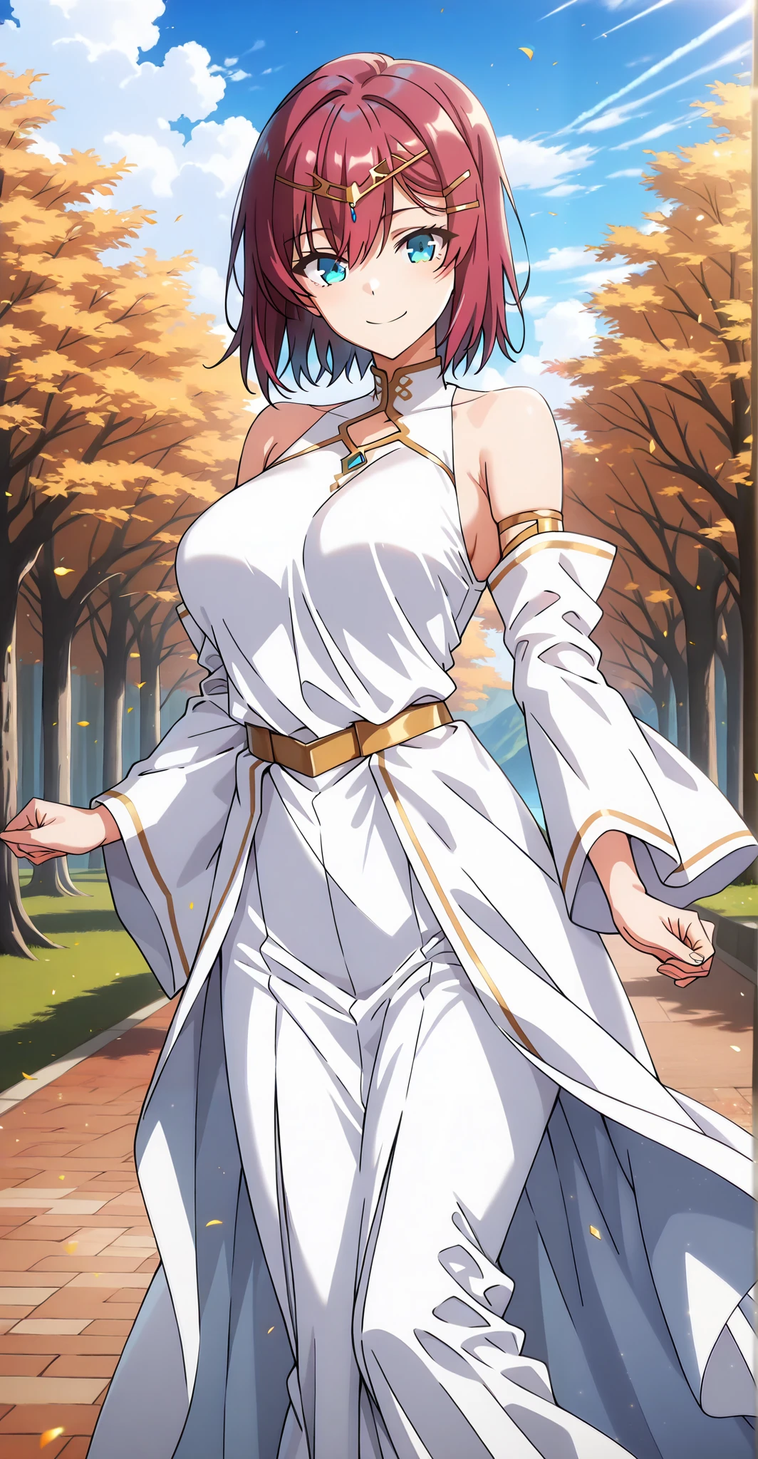 masterpiece, best quality, amazing quality, very aesthetic, absurdres, newest, scenery,highly detailed,high-resolution, {{Increase saturation:1.2、Highly colored}} looking at viewer,smile, solo, AkaneNanao,1girl,red hair,short hair,hairclip,blue eyes, Medium breasts,
long dress, white dress, circlet, detached sleeves, wide sleeves