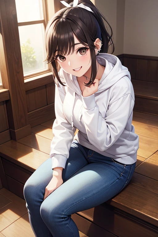 highest quality, Realistic, Very detailed, Finer details, High resolution, 8k wallpaper, 

One beautiful woman,Sit on the stairs、 Oversized hoodie, Skinny jeans, White sneakers、Wear black socks、

Shiny brown hair, short hair, Brown eyes、smile、

ear piercing、smile、Beautiful teeth alignment、Perfect dynamic composition, Beautiful and detailed, Full Body Shot, A big smile

