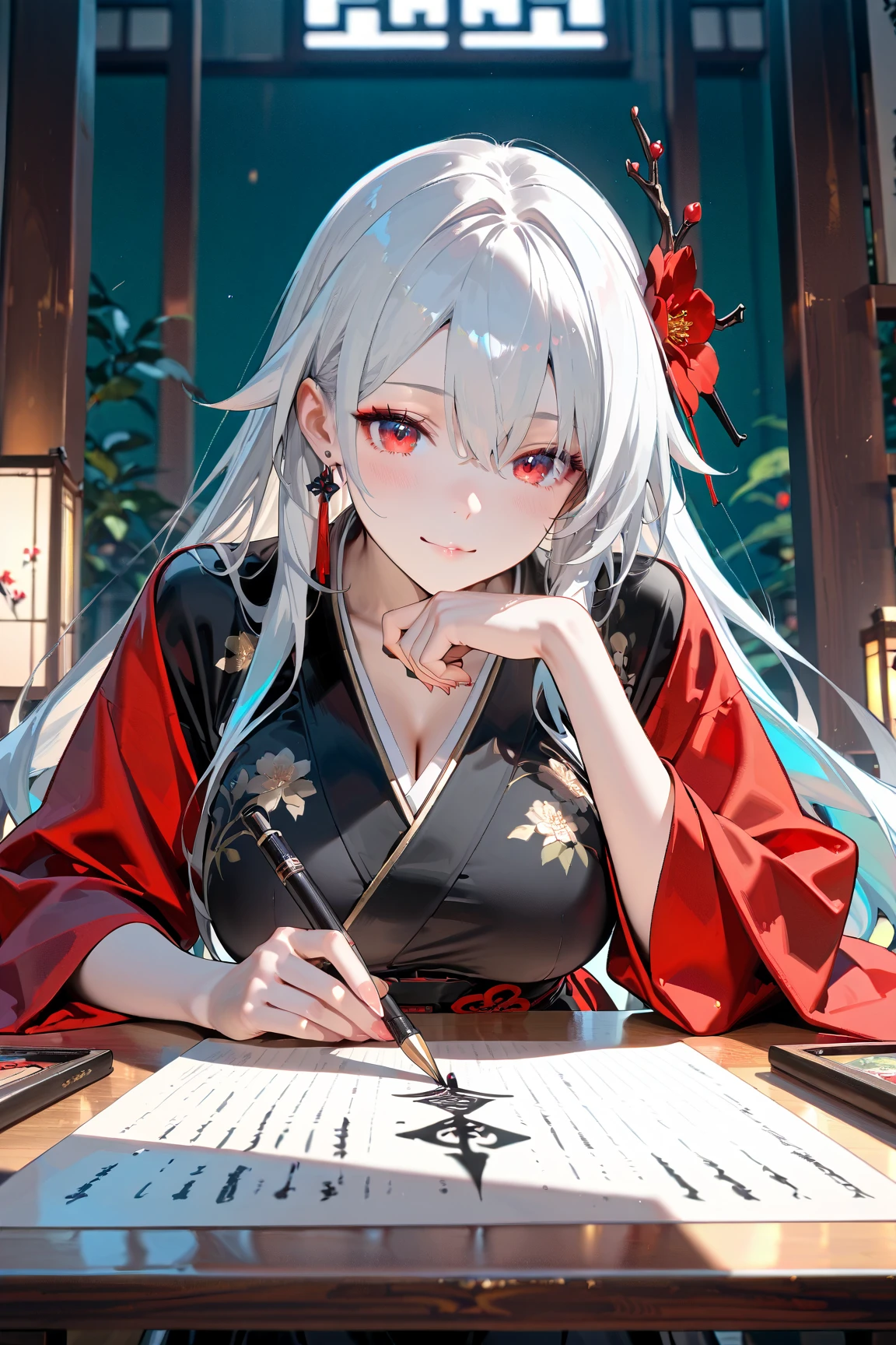 ((tmasterpiece:1.4, Best quality at best))+, (hyper-detailing)+, (A detailed eye:1.5)+, Blind girl,(Meticulous ears:1.5), (cute girls), (Exquisite and gorgeous Hanfu:1.5), Long hair details, curlies, (wariza:1.2), pale-skinned, (white cloth:1.5), (long white pants:1.4), wine jugs, fresh flowers, long wooden staff,Autumn leaves,the fruits,aprons,Floating stones,Chinese ancient city, bazaars,Giant wood, (Female shopkeeper:1.1), (dawn light:1.2), ), (Close-up cleavage:1.1), (elevation perspective:1.3), forehead jewel, Colored inner hair, Striped hair, Sad smile, disarray's gem branch, silber hair, first person perspective,the only person,blonde eyes