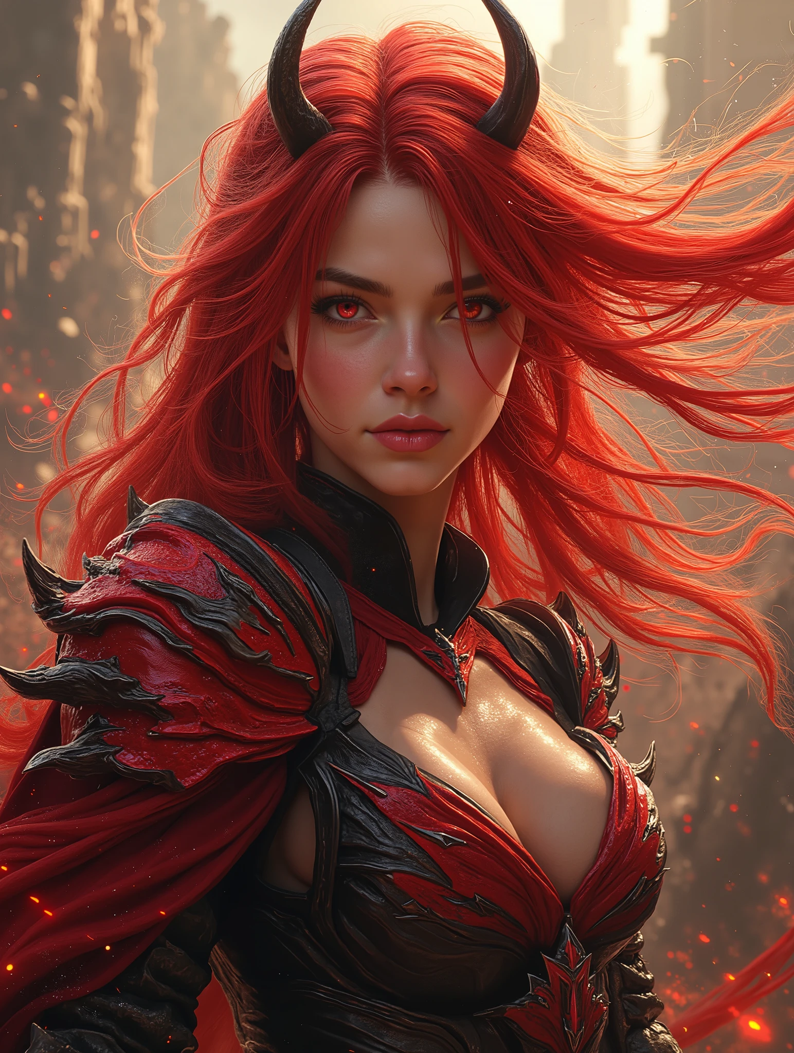 1 girl, high resolution , masterpiece, multi-award winning , best quality , High details, super detailed , textured skin , UHD, black hair, Breasts, redhead, smile, Demon Horns, Sparkle effect, Action picture,Weearing a Red black armor, OctaneRender 8K, anime, Apocalyps