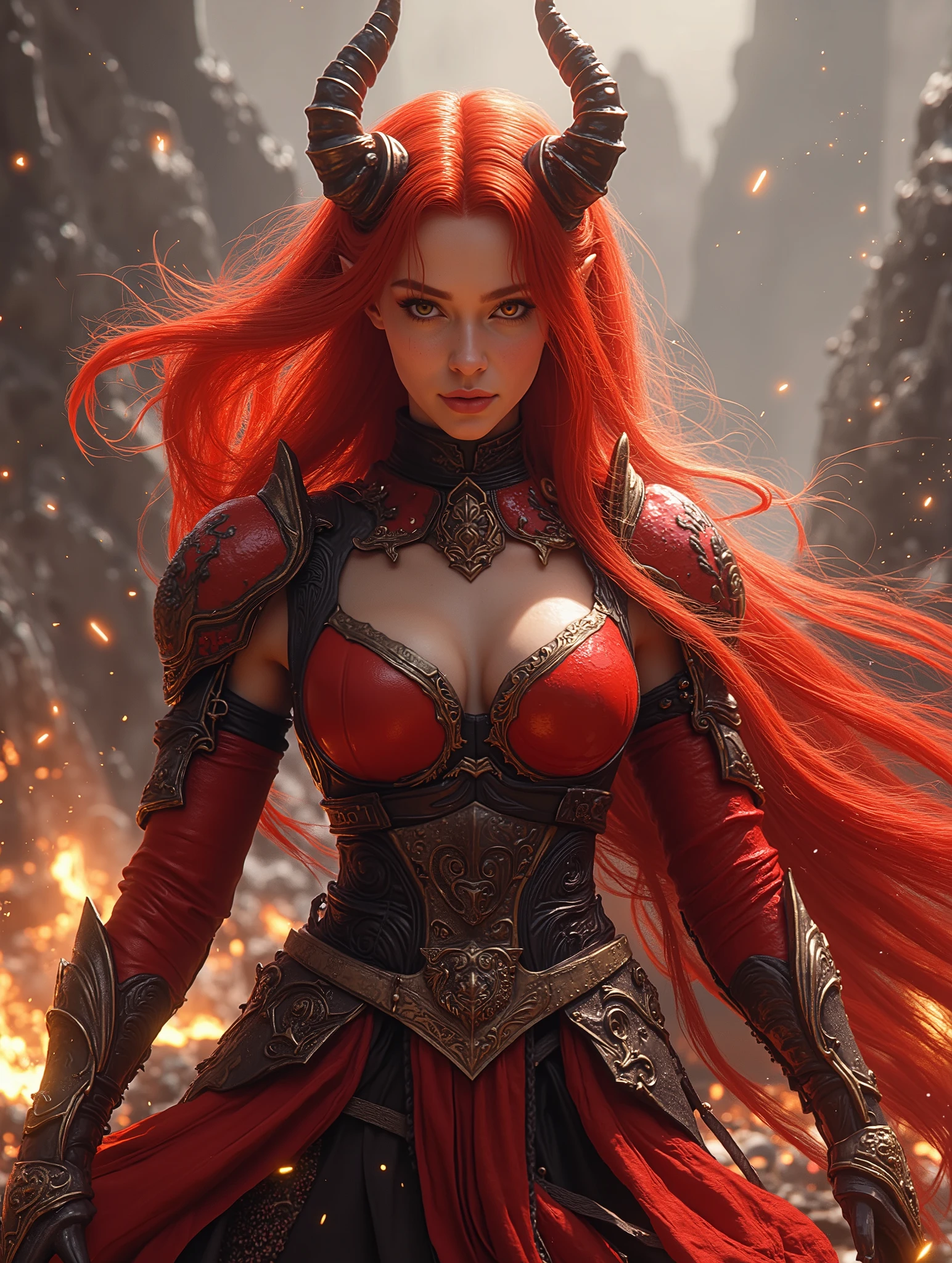 1 girl, high resolution , masterpiece, multi-award winning , best quality , High details, super detailed , textured skin , UHD, black hair, Breasts, redhead, smile, Demon Horns, Sparkle effect, Action picture,Weearing a Red black armor, OctaneRender 8K, anime, Apocalyps