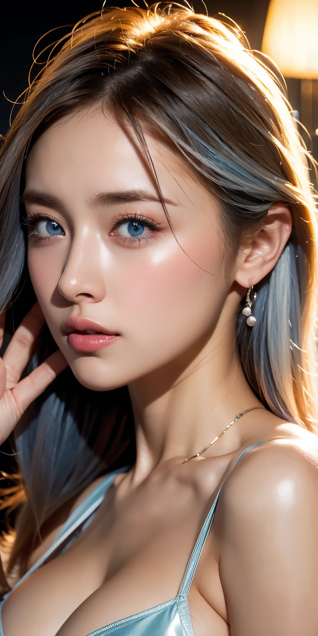   portrait , Practical,   blue eyes, Platinum Hair,   big breast,  4K resolution  ,   High Quality CG, Beautiful CG, Soft light,   micro bikini 