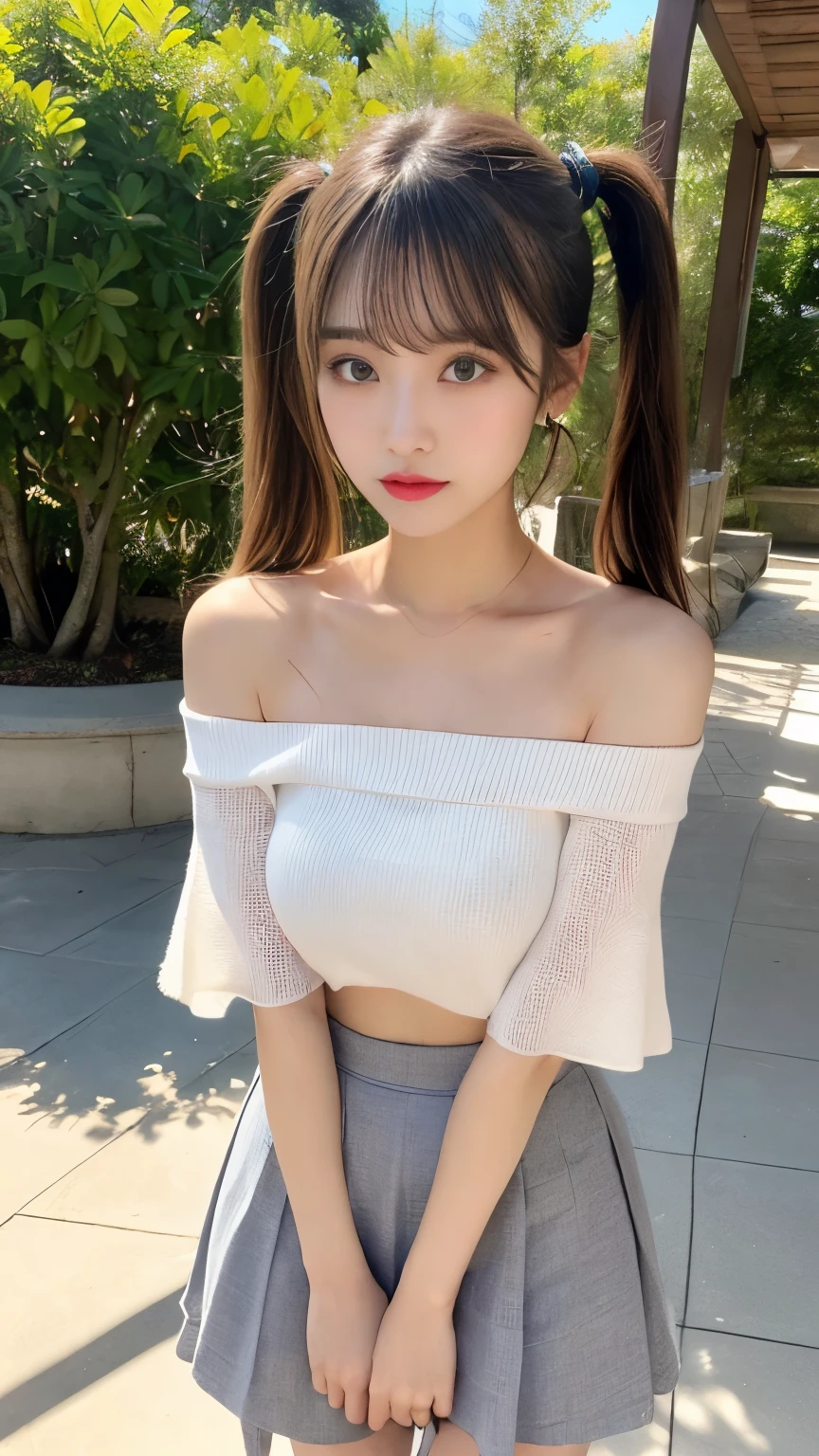 (highest quality, masterpiece:1.3, 超A high resolution), (Very detailed), (Realistic:1.4, RAW shooting), Ultra-Realistic Capture,Very detailed, High resolution, 16k, Human skin close-up, The skin texture is natural, It must be detailed enough to be easily identifiable, Skin should look healthy and have an even tone, Use natural light and color, (Ivory Camisole, Pleated mini skirt), ((Mountain, blue sky, Slim body)), 1 girl, Japanese, 18-year-old, cute, Straight long hair, Big Breasts, smile, Turn your body forward, (View from the front:1.1), Looking into the camera, (Cowboy Shot),focused on the chest, Light brown hair, ((Black choker)), Very long and voluminous eyelashes, blue eyes, bangs