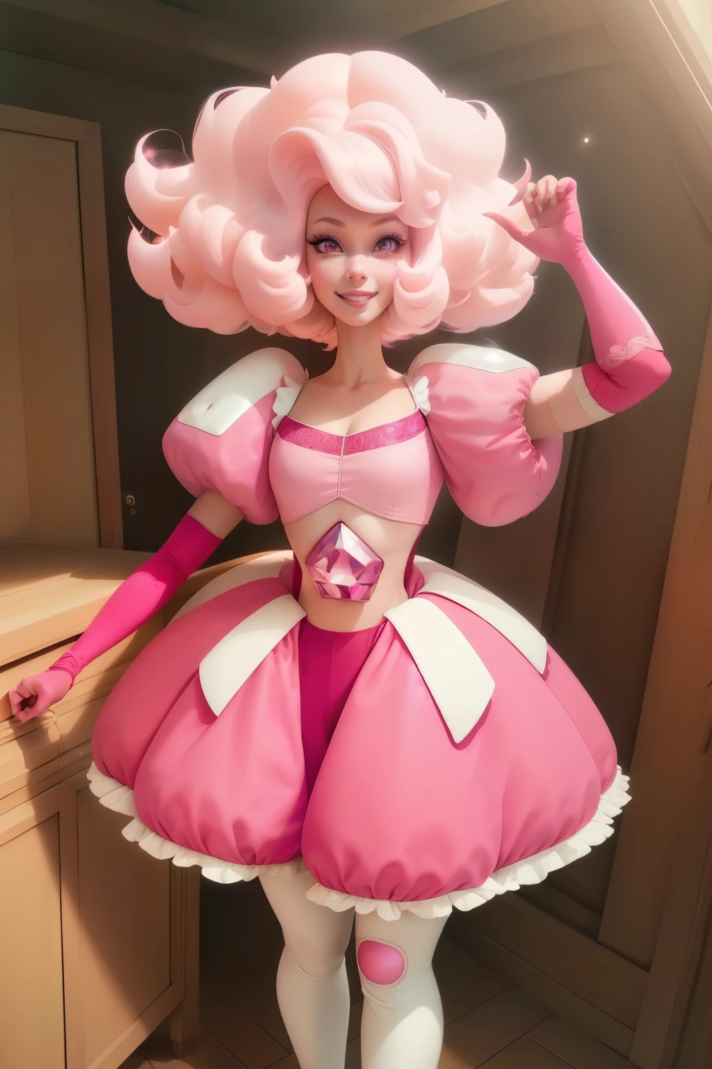 pnkdamond, pink hair, pink eyes, big hair, stomach gem, pink skin, toned,
puffy short sleeves, elbow gloves , white thighhighs, puffy dress,
standing, upper body,
outerspace,
(insanely detailed, beautiful detailed face,beautiful detailed eyes, masterpiece, best quality) cinematic lighting, smile,