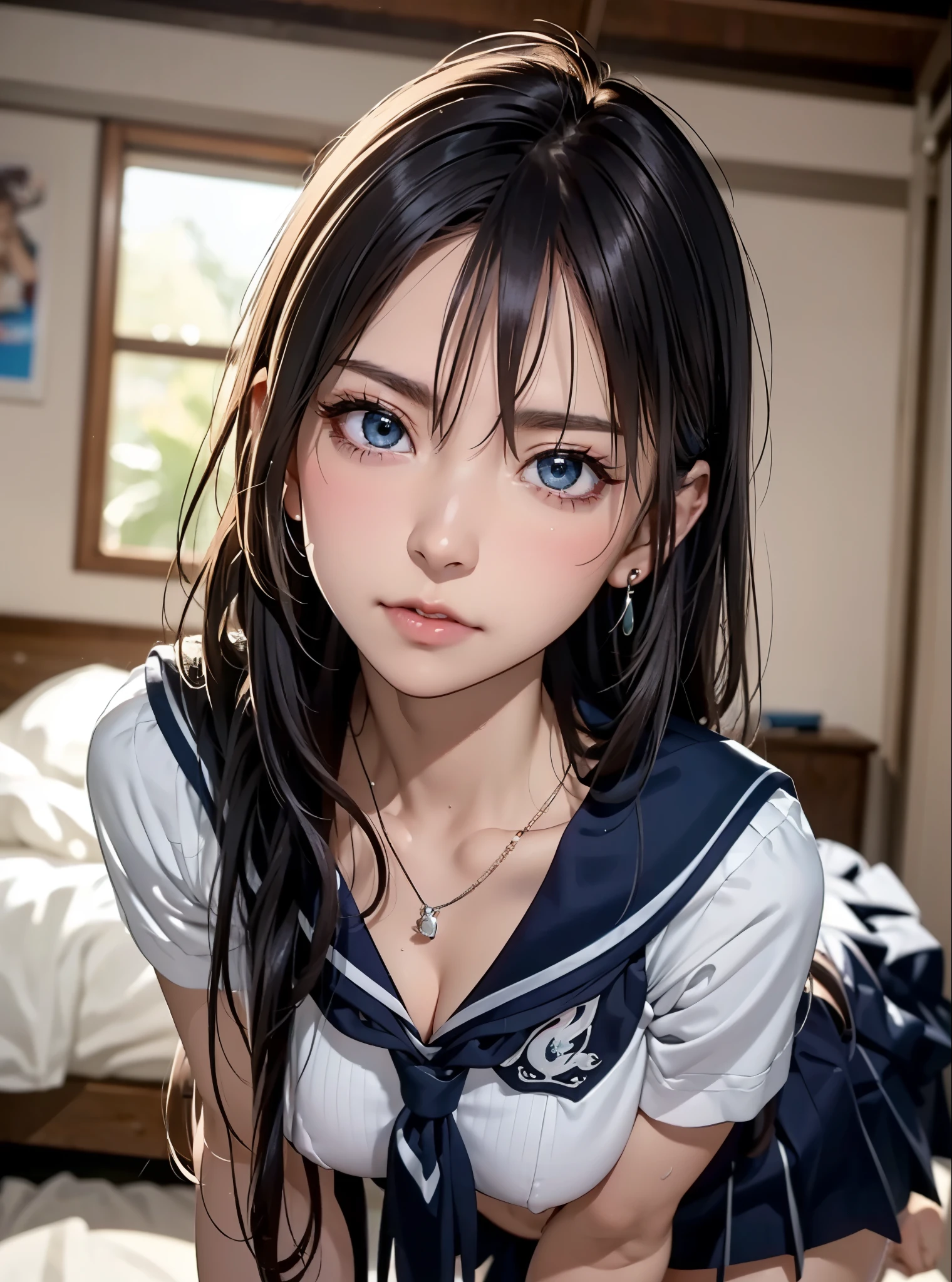 (masutepiece: 1.3), (max resolution: 1.2), (Ultra HDTV: 1.2), cinematric light, 8K resolution, Detailed eyes and skin, detailed facial features, , (Sharp Focus: 1.2), (Focus on Face:1.2),Perfect Style, Beautiful face, acurate, Anatomically correct, ノ Highly detailed facial and skin texture, Detailed eyes, Double eyelids, Thin eyebrows, glitter eyeliner: 1 Natural cheeks, Glossy skin, Fair skin: 1.2, (Glossy lips: 1.4),、 (Shy look: 1.2),Highly detailed facial and skin texture, Detailed eyes, Double eyelids, Natural cheeks, , shiny lips: 1.4,Exposed cleavage、Sperm taken、Overflowing sperm、Flowing sperm、 red blush、humiliated、impatience、dismay、Frightened、glares、Sexually arousal、Provocation、embarrassed from、Open knees、open one's legs、 White underwear、White bra、Shiny little earrings and necklaces、Disheveled clothes、Dressing、Exposed panties、Wearing sweat、sodden、Sheer underwear、Stockings、 18 instars, Neat and clean woman,1 persons、 upturned breasts, Bedroom、sitting on a bed、deep in the night、sexy pose、a blond、Blue ash eyes、Green ash eye,(Girls' High School Uniform:1.3)、Glares facial expression、full of sweat、
