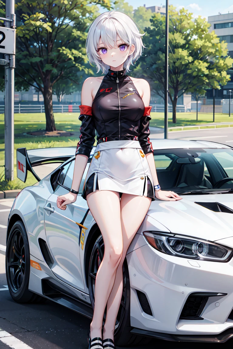 ((White sign)),1 Girl、Beautiful silver hair、((((Very short hair))))、Blue eyes、(hair band)、((Blunt bangs)), small breasts、22 years old, (tsurime), Tight waist、smile、Natural lighting、Very cute face, Cute pose、Monte Carlo Street Circuit, Racing Car, Racing Bike, Promotion Girl, Grid Girls, The promotional costumes are exquisitely tailored., paying meticulous attention to detail, Lace-up boots, Short sleeve, Cropped tops, Tube top bra, Knee-length, Exposing shoulders, Knee-lengthグリッターナイロンプリーツスカート, Asymmetrical medium size nylon pleated skirt, Promotional wear with logo, Red and white glitter promotional wear、smile, Wink, Happy expression、Shallow depth of field