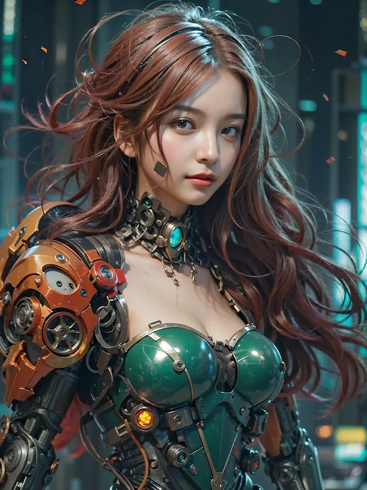 (Completely live action:1.37), (Amazingly realistic textures:1.37), (masterpiece, best quality:1.2), (8k uhd, 16k, 32k, ultra high res), amazingly realistic skin, amazingly realistic photo, superrealism, (photorealistic:1.37), (RAW photo), ultimately realistic, (ultimately realistic all details), (ultimately realistic all textures), super realistic lighting, super realistic shadow, (japanese girl:1.5), ((young face)), smiling, happy, super realistic face, ultimately realistic skin, ultimately realistic eyes, (amazing droopy eye makeup:1.35), ultimately realistic background, ultimately realistic detail up, kkw-ph1, ((amazing droopy eyes, cyberpunk-style cyborg girl, amazingly intricate details, Anatomically perfect hands, mechanical body, silver knight armor, ultra glossy texture, yellow hair, red eyes))