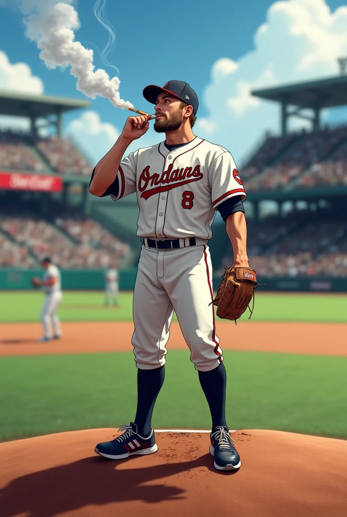 (masterpiece, best quality ), 1man, muscular, short hair, brown eyes, intricate, baseball field , full body, white baseball uniform, open red jacket, vivid colors,(depth of field:1.4),(abs), holding a basebat, dynamic pose, dappled sunlight,A baseball player is drinking from a plastic water bottle on the sidelines of a baseball field.