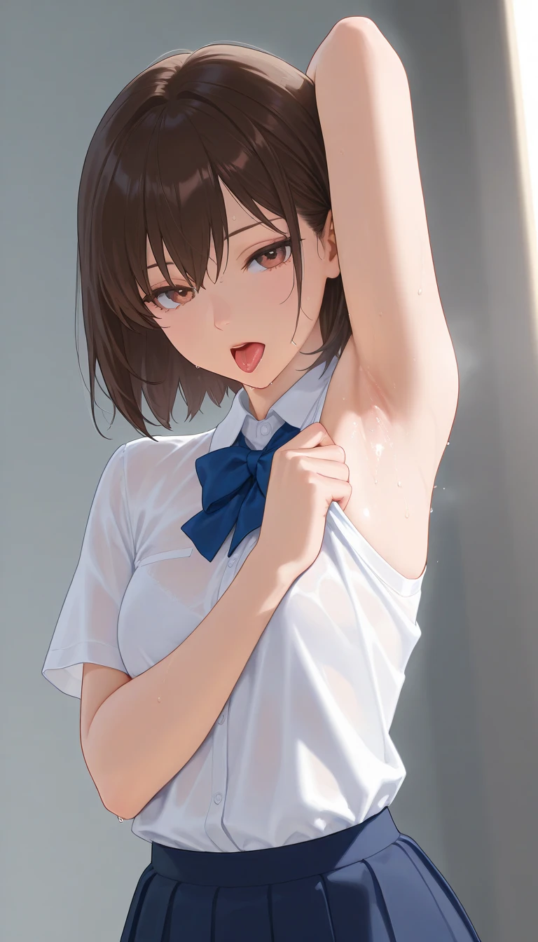 masterpiece, best quality,anime style, 1 girl,(((slender body))), (((small breast))),(((hot pants, white tanktop,red tie))), ((((restrained, arms behind back)))),((((cum)))), (beautiful face), (((short hair))), (((straight hair))), ((((brown hair)))),detailed beautiful skin, (perfect hands, perfect anatomy)