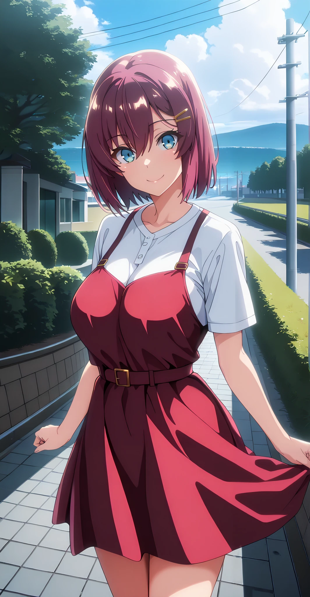 Anime girl in a short dress standing on a sidewalk - SeaArt AI