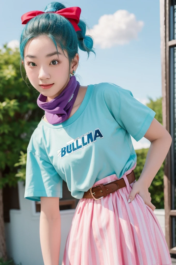 masterpiece, Highest quality, High resolution, Dragon Ball, Bull Pony, Aqua Hair, Hair Ribbon, Braided Ponytail, Pink Shirt, belt, scarf, Pink Skirt, Clothes writing, Brown gloves, Medium chest, Outdoor, Cowboy Shot, wave hands, smile