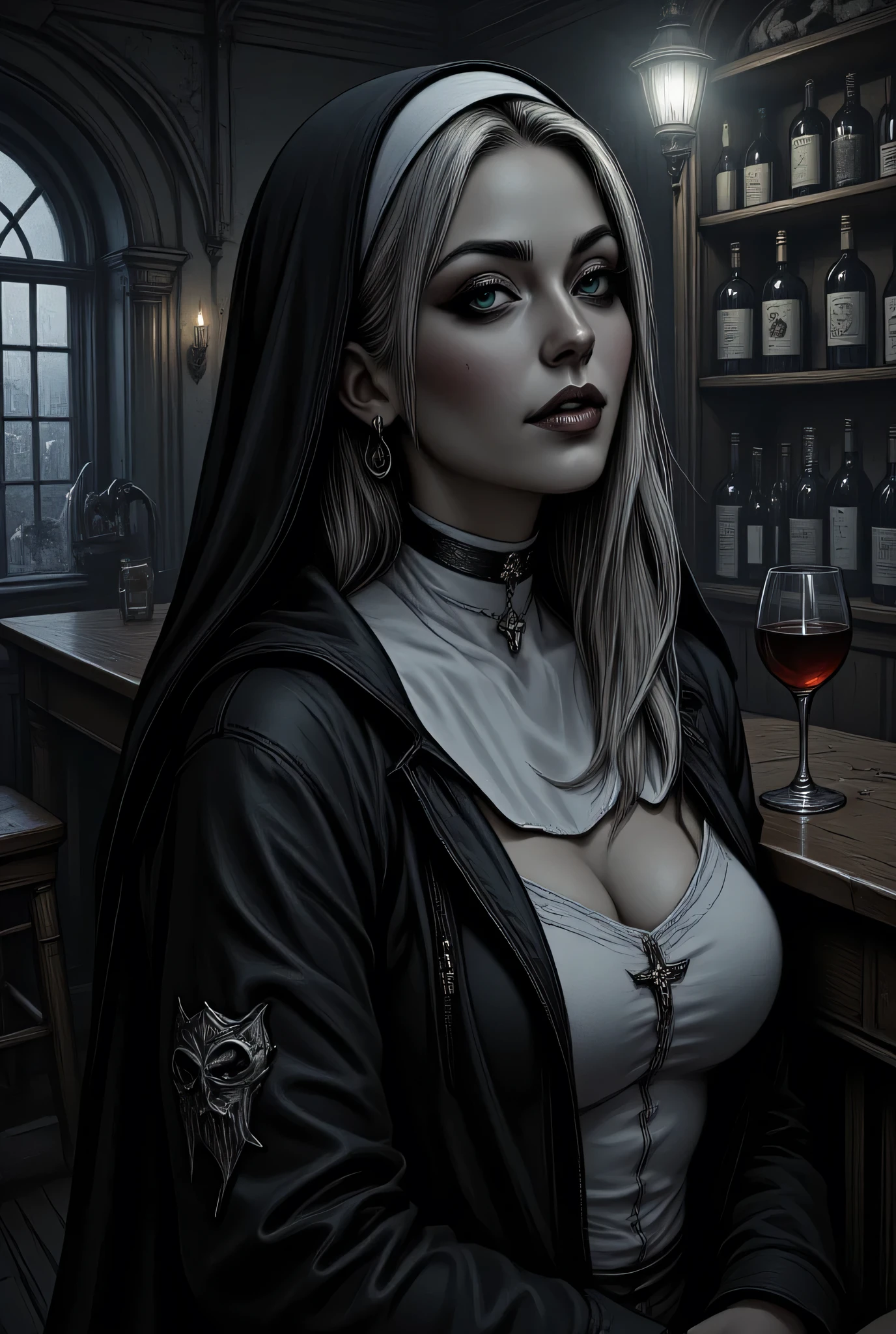 a picture of a beautiful Catholic nun sitting in a goth bar , sipping a dark red cocktail, wearing a white catholic nun habit, full body, slightly hiding the edge of white silk stocking, (vampiric fang: 1.3), wearing high heels, smirking, black silver cross choker, make up, dynamic hair, long hair, eye reflection, intense azure eyes, light makeup, shy, blush, goth bar background, wine bottles, lit with candles, photorealistic, Realism, depth of field, cinematic lighting, dim light, full body, silhouette, from side, Ultra-Wide Angle, retina, UHD, best quality, 16k, highres, high details, aidmaDarkGothicAnime, ArsMJStyle, dnddarkestfantasy, hyp3rd3tail style
