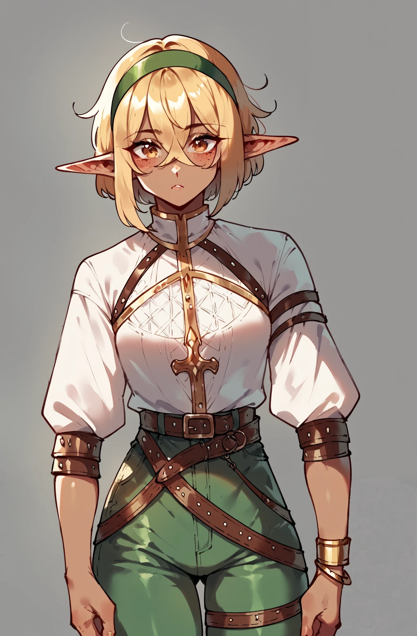 score_9,score_8_ upwards,score_7_ upwards,score_6_ upwards,score_5_ upwards,score_4_ upwards 1girl,One, A blonde girl with short, ruffled light golden hair, Bob haircut, chelka, hair between eyes, amber eyes, short little pointed ears , tanned skin, medieval loose green shirt , light armor , small inconspicuous breasts , skinny and slim , green pants, Leather belt, leather bracelets , holds a glowing blue sword in her hand , background: gray clouds, размытая background,elf,freckles, headband